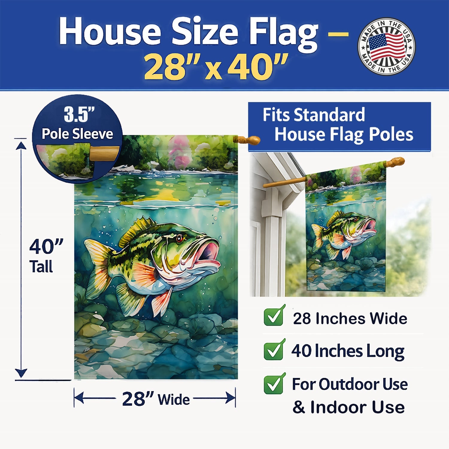 Largemouth Bass House Flag 28x40 Porch Sleeve Pole Decorative Outside Yard Banner Artwork Wall Hanging, Polyester
