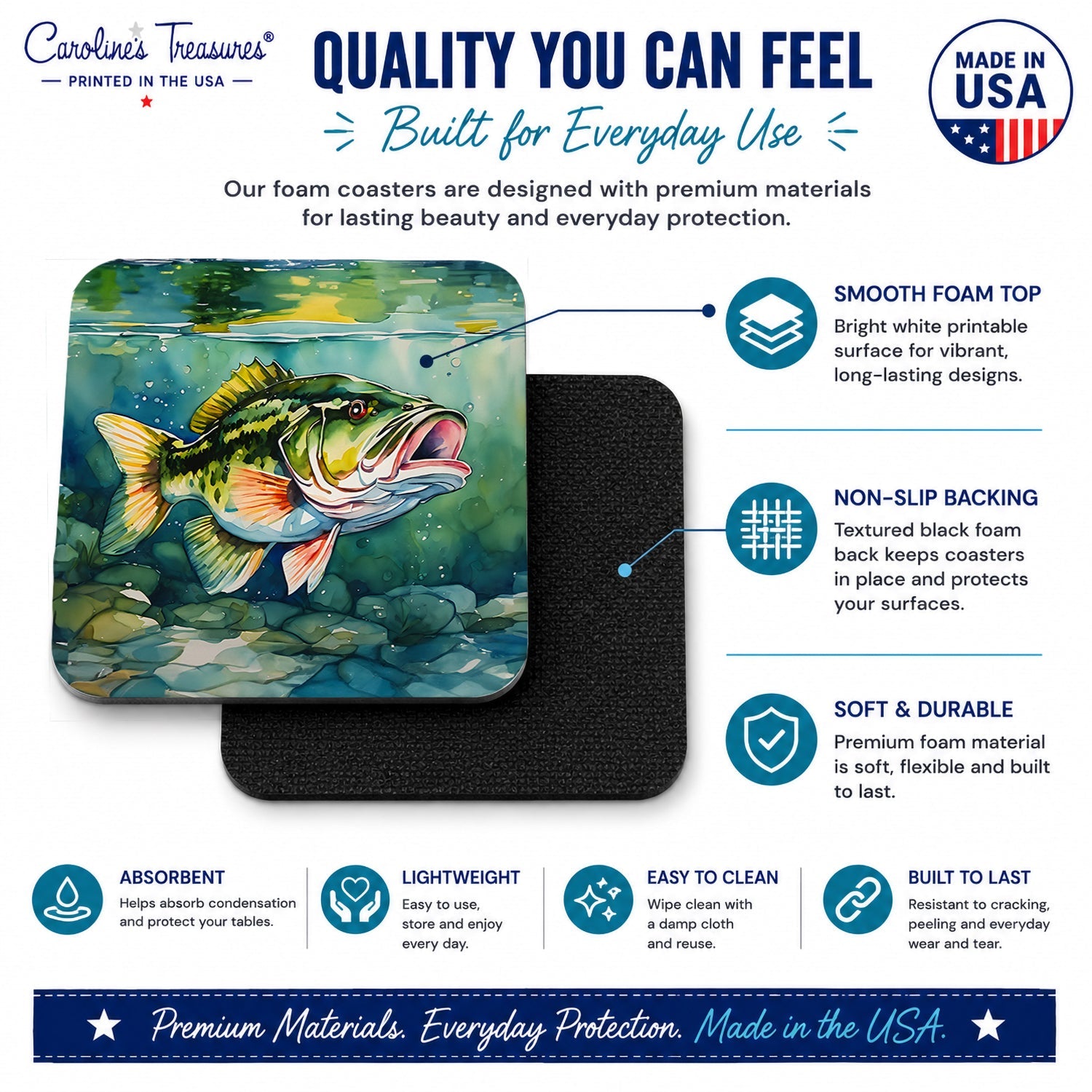 Largemouth Bass Foam Coasters Set of 4 Cup Coasters for Indoor Outdoor, Tabletop Protection, Anti Slip, Mouse pad Material