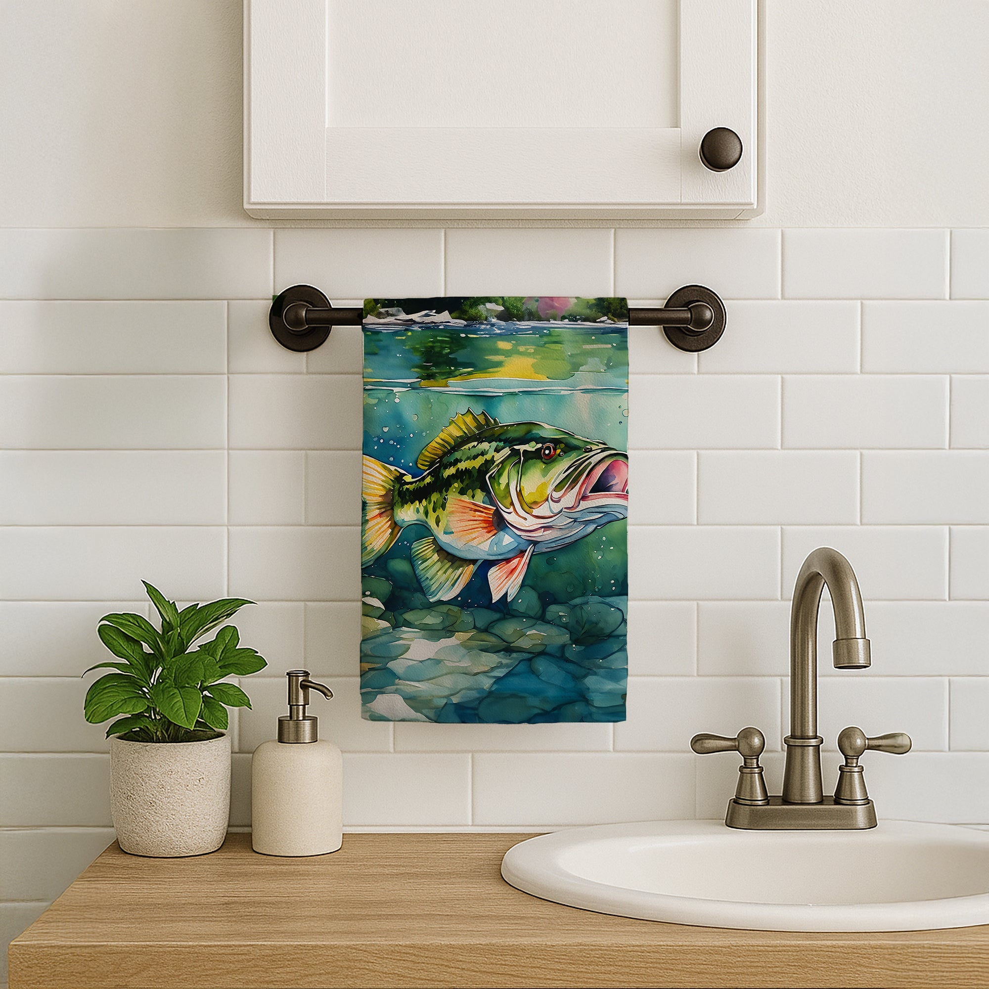 Largemouth Bass Kitchen Towel Velour Plush Front and Cotton Loop Back Machine Washable