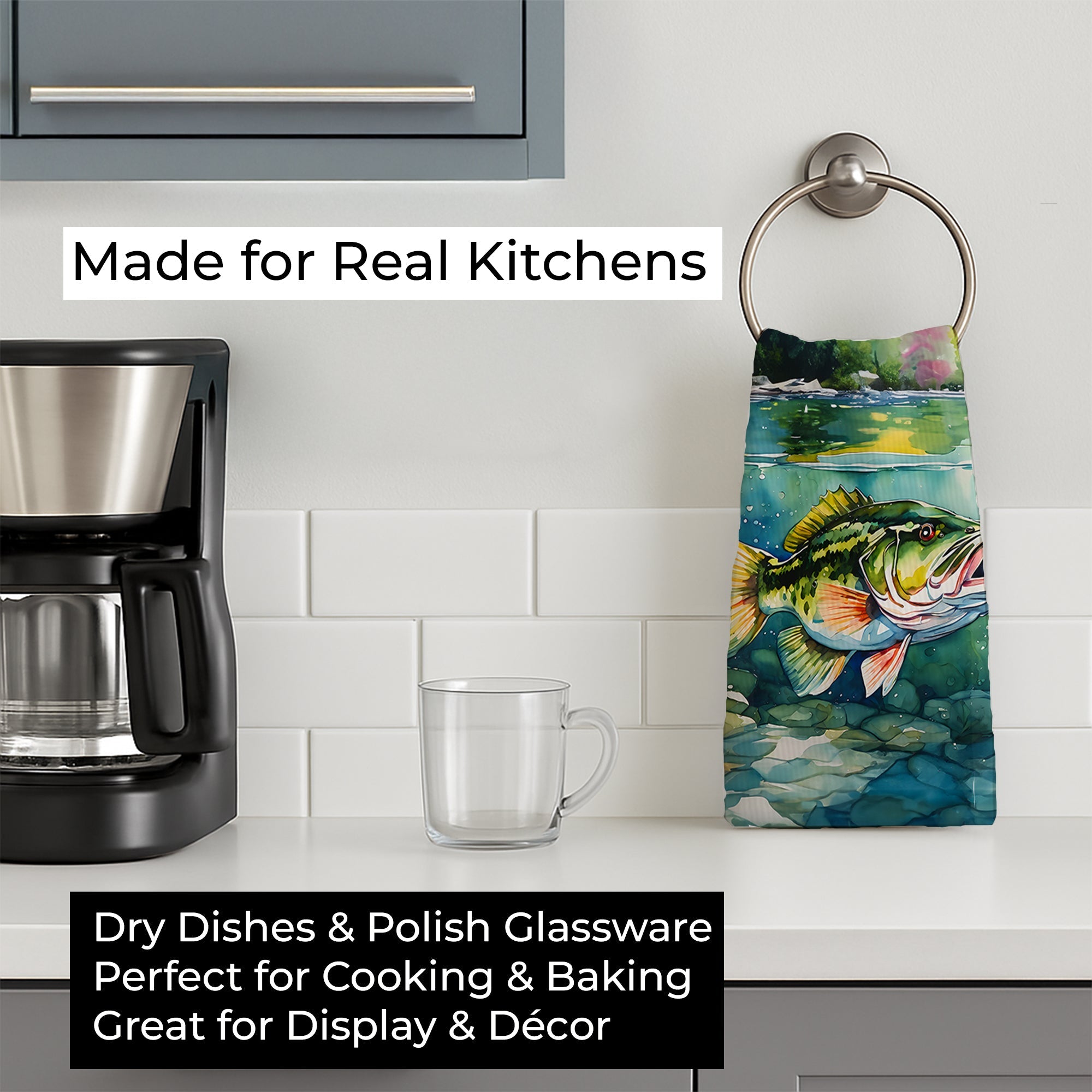 Largemouth Bass Kitchen Towel Velour Plush Front and Cotton Loop Back Machine Washable