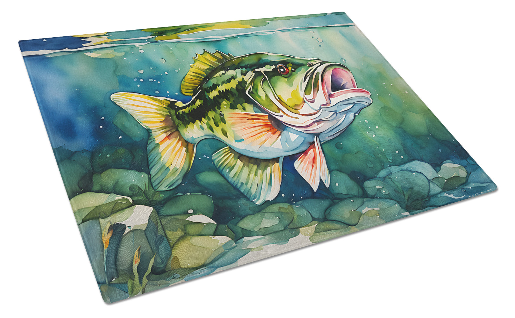 Largemouth Bass Cutting Board Tempered Glass Kitchen Cutting Surface, Heat Resistant Chopping, Non-Slip Feet, Food Prep & Serving