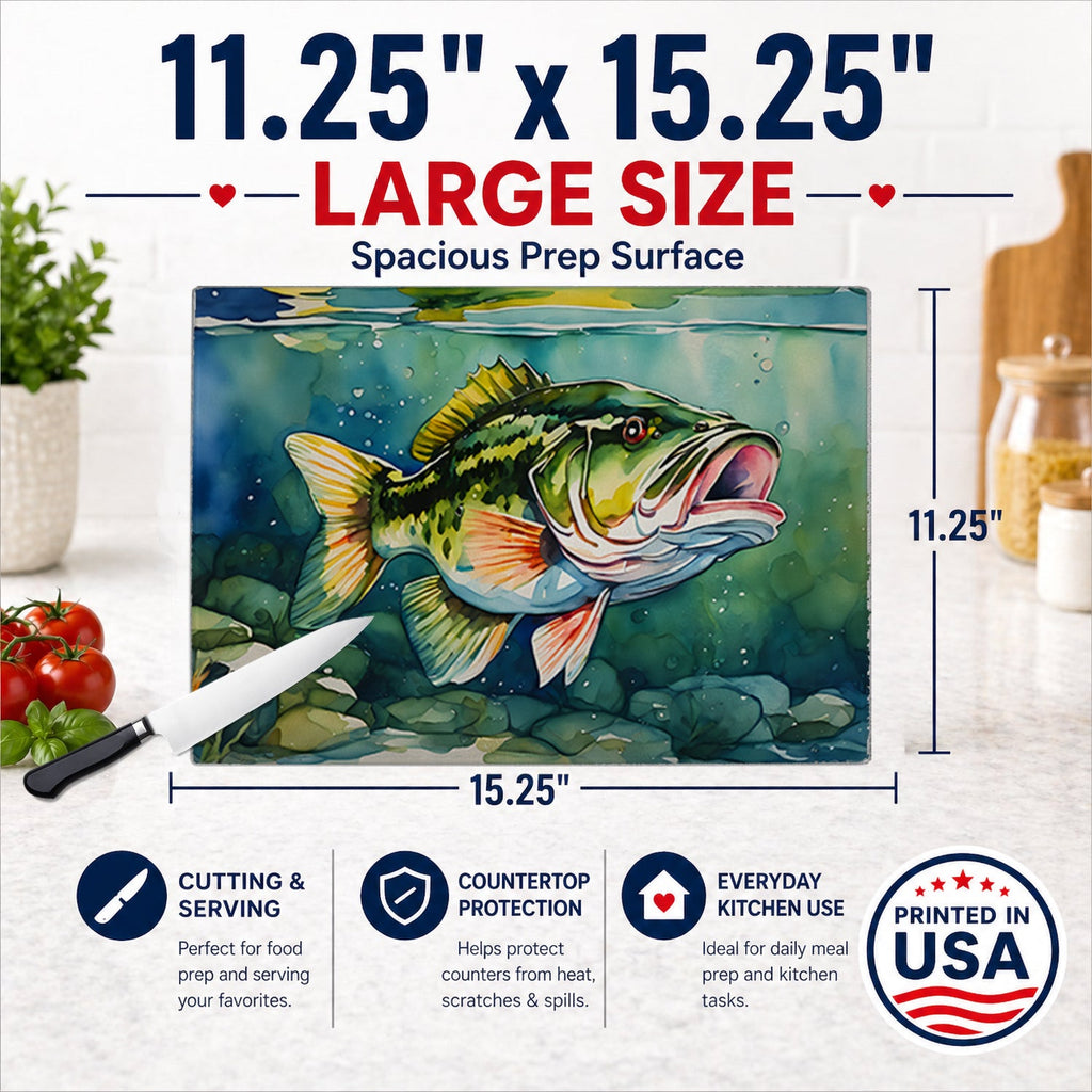 Largemouth Bass Cutting Board Tempered Glass Kitchen Cutting Surface, Heat Resistant Chopping, Non-Slip Feet, Food Prep & Serving