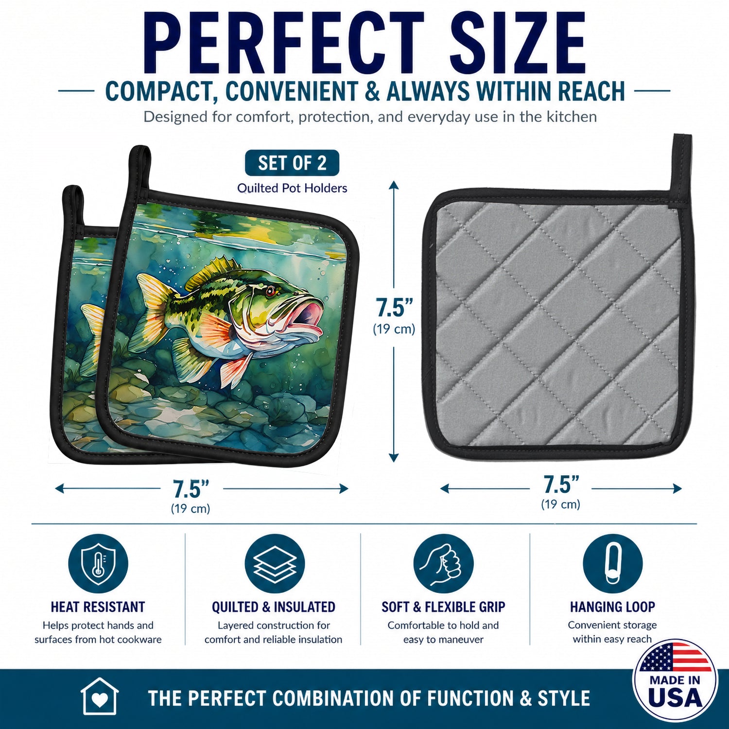 Largemouth Bass Pot Holder Set of 2 Heat Resistant Quilted Hot Pads 7.5 x 7.5 Inch, Insulated Kitchen Trivets for Cooking & Baking