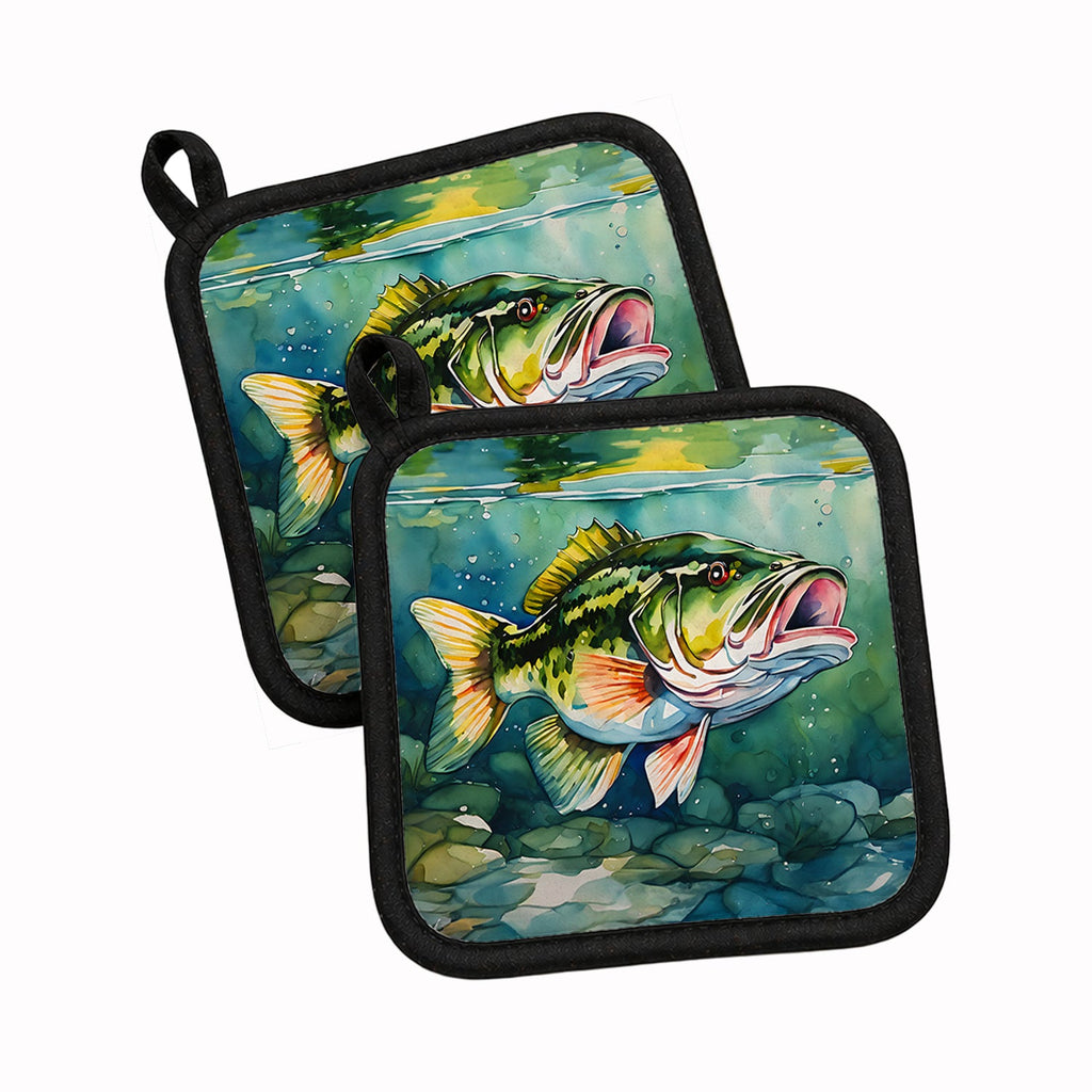 Largemouth Bass Pot Holder Set of 2 Heat Resistant Quilted Hot Pads 7.5 x 7.5 Inch, Insulated Kitchen Trivets for Cooking & Baking