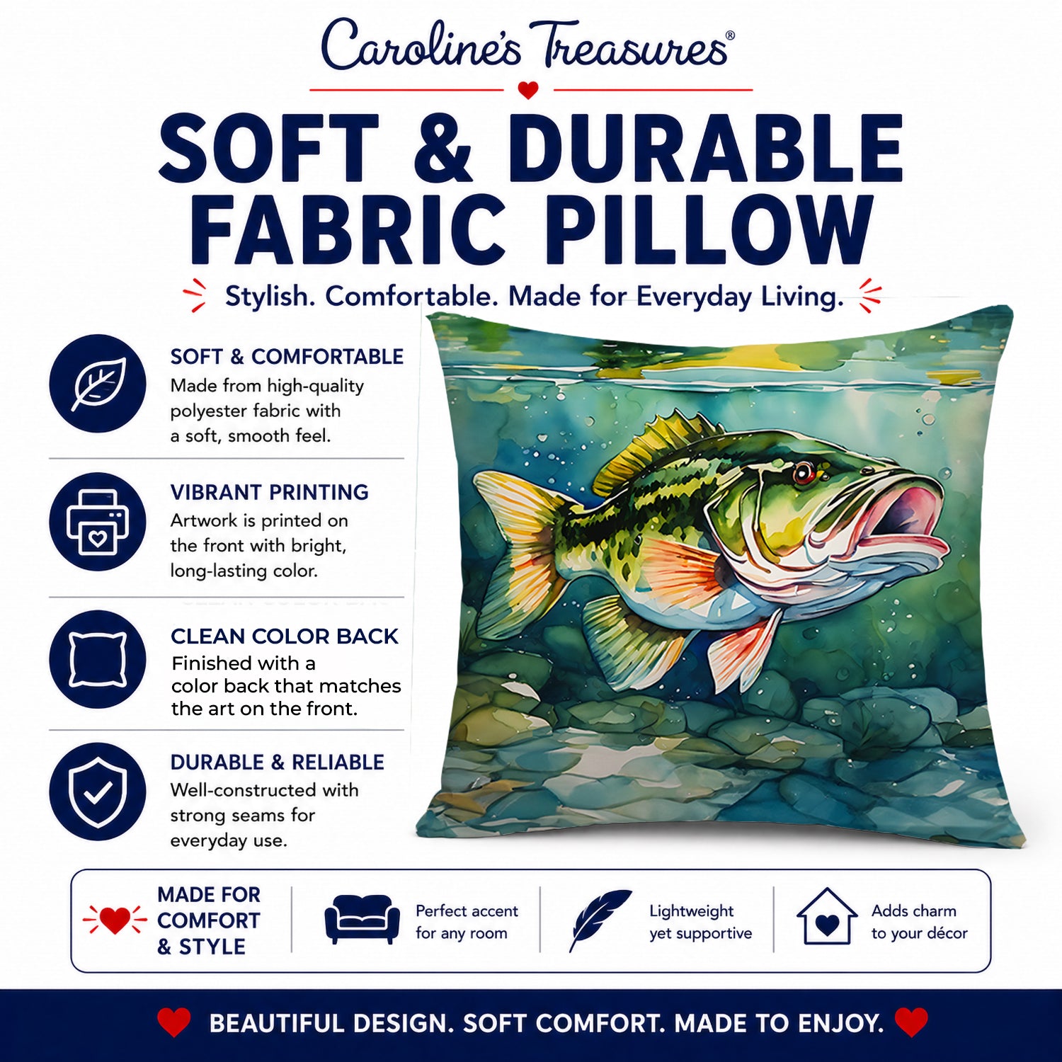 Largemouth Bass Decorative Throw Pillow 14x14 Indoor Outdoor Accent Cushion, Fabric Cover with Insert for Sofa, Bed, Porch & Living Room