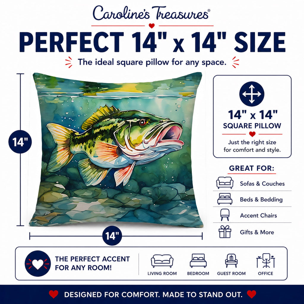 Largemouth Bass Decorative Throw Pillow 14x14 Indoor Outdoor Accent Cushion, Fabric Cover with Insert for Sofa, Bed, Porch & Living Room