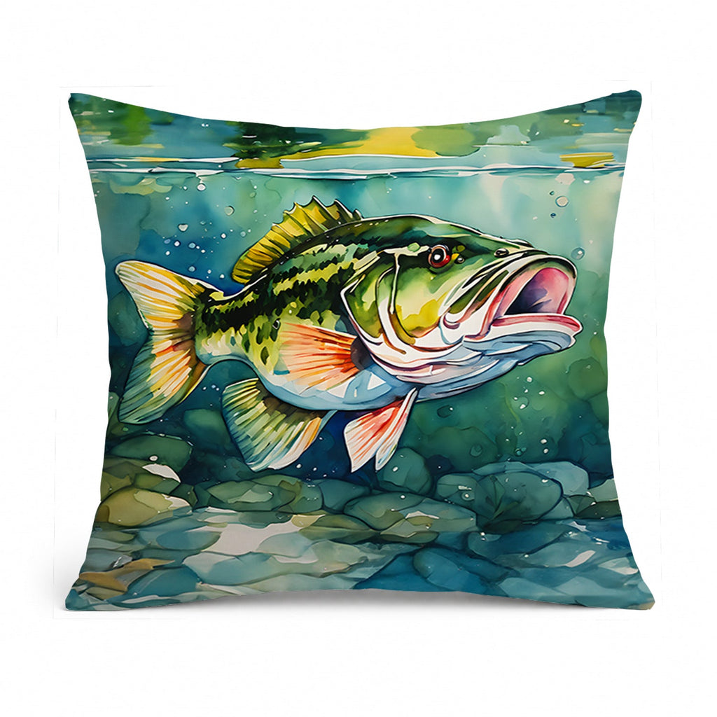 Largemouth Bass Decorative Throw Pillow 14x14 Indoor Outdoor Accent Cushion, Fabric Cover with Insert for Sofa, Bed, Porch & Living Room