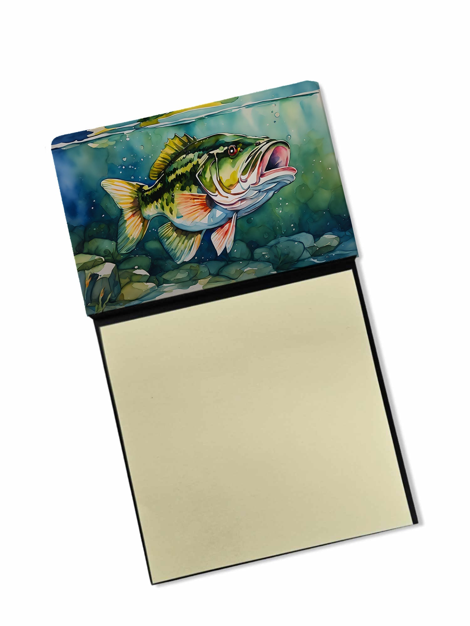 Largemouth Bass Watercolor Sticky Note Holder Refillable Dispenser Desk Accessory 3x3 Pad Gift