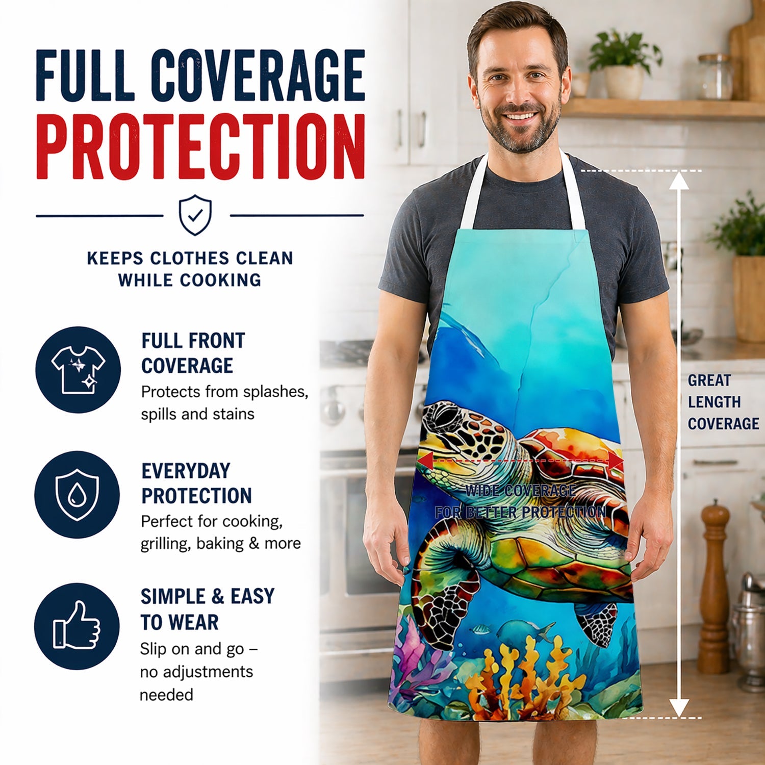 Loggerhead Sea Turtle Apron Cooking Kitchen Server Baking Crafts Gardening for Adult Women Men, Unisex, Large, Multicolor