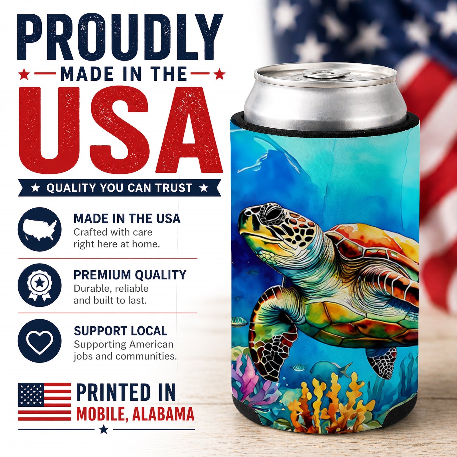 Loggerhead Sea Turtle Can or Bottle Hugger Cooler Sleeve for Standard 12 oz Cans, Insulated Foam Beer & Soda Can Hugger Reusable