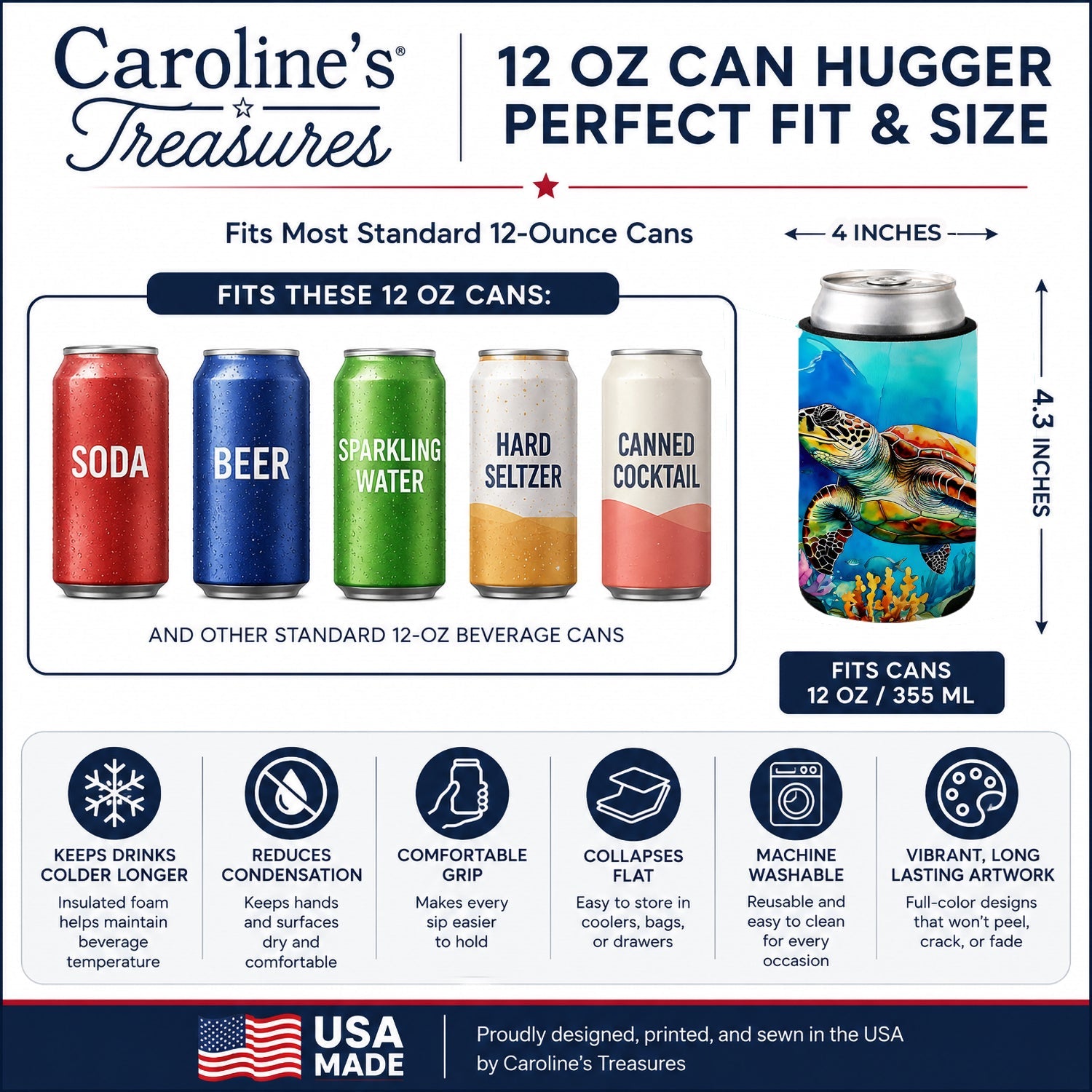 Loggerhead Sea Turtle Can or Bottle Hugger Cooler Sleeve for Standard 12 oz Cans, Insulated Foam Beer & Soda Can Hugger Reusable
