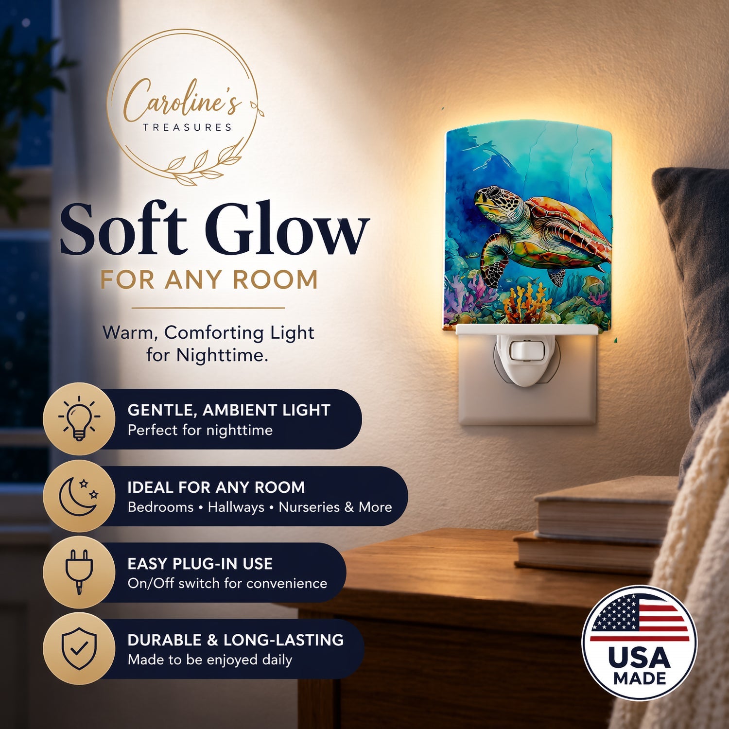 Loggerhead Sea Turtle Ceramic Night Light Compact, UL-Certified, Ideal for Bedroom, Bathroom, Nursery, Hallway, Kitchen, 6x4x3, Multicolor