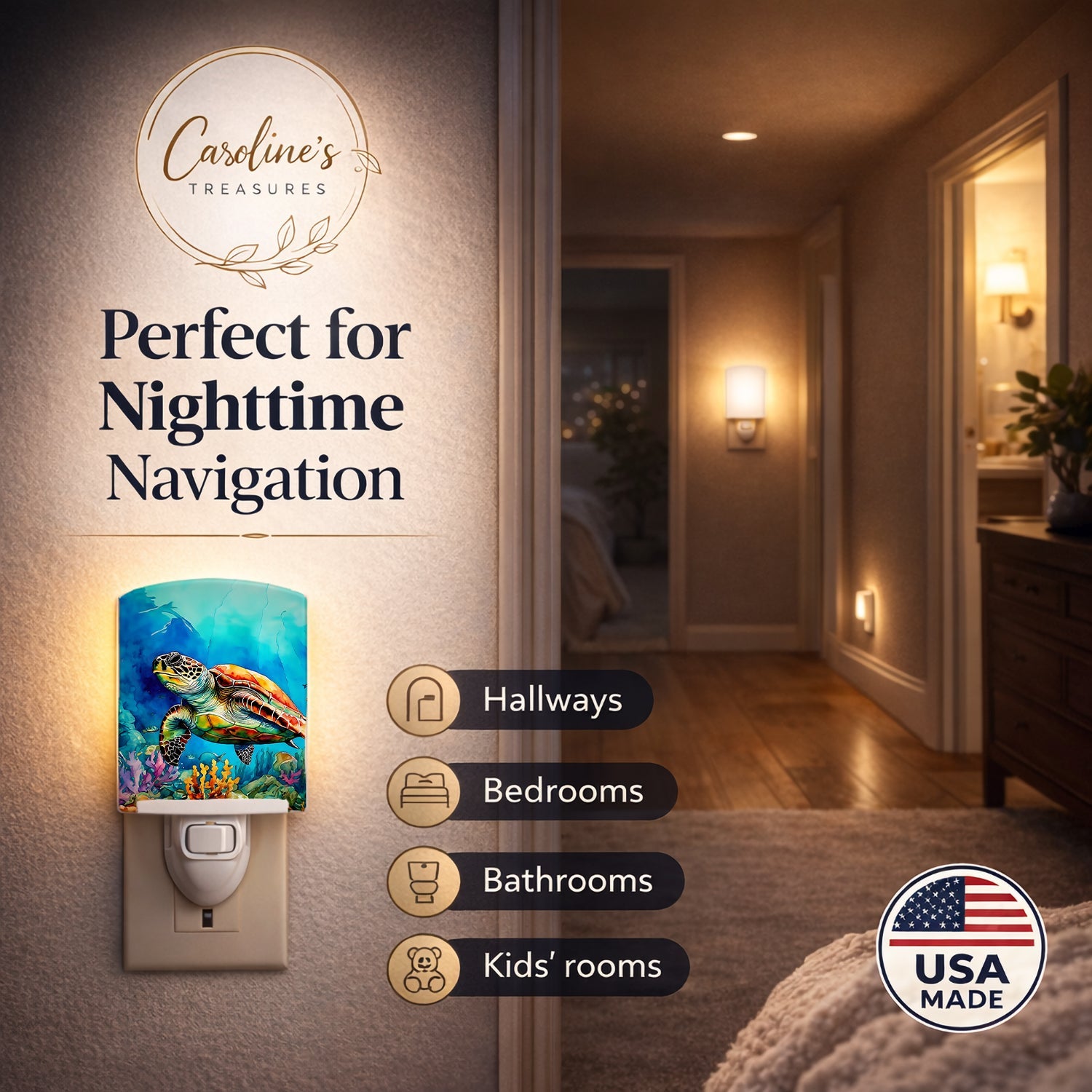 Loggerhead Sea Turtle Ceramic Night Light Compact, UL-Certified, Ideal for Bedroom, Bathroom, Nursery, Hallway, Kitchen, 6x4x3, Multicolor