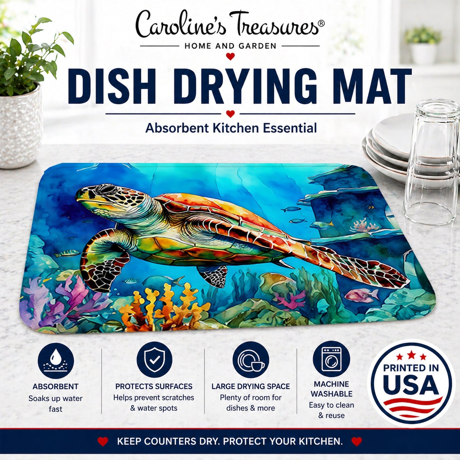 Loggerhead Sea Turtle Dish Drying Mat Absorbent Dish Drying Mat Pad for Kitchen Counter Dish Drainer Mat for Countertop, 14 x 21", Multicolor