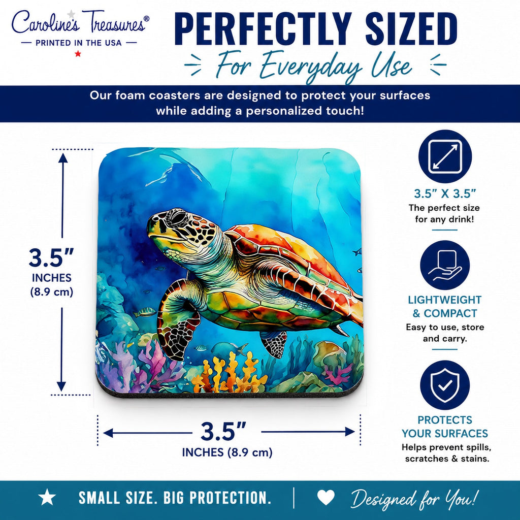 Loggerhead Sea Turtle Foam Coasters Set of 4 Cup Coasters for Indoor Outdoor, Tabletop Protection, Anti Slip, Mouse pad Material