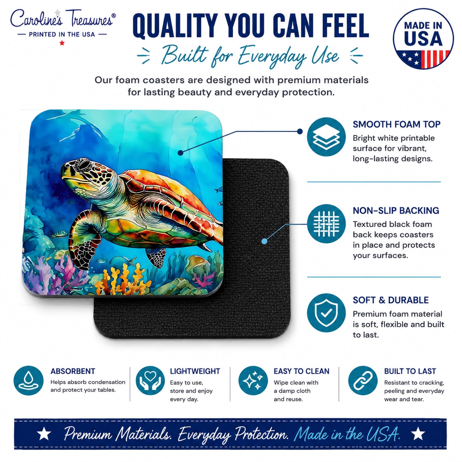 Loggerhead Sea Turtle Foam Coasters Set of 4 Cup Coasters for Indoor Outdoor, Tabletop Protection, Anti Slip, Mouse pad Material
