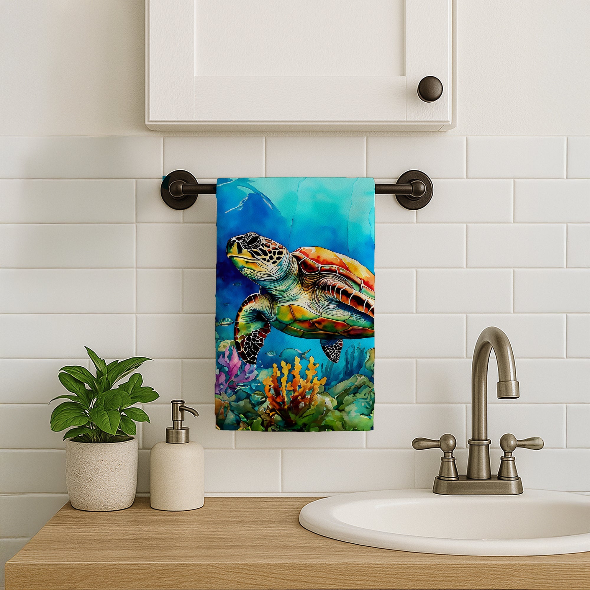 Loggerhead Sea Turtle Kitchen Towel Velour Plush Front and Cotton Loop Back Machine Washable