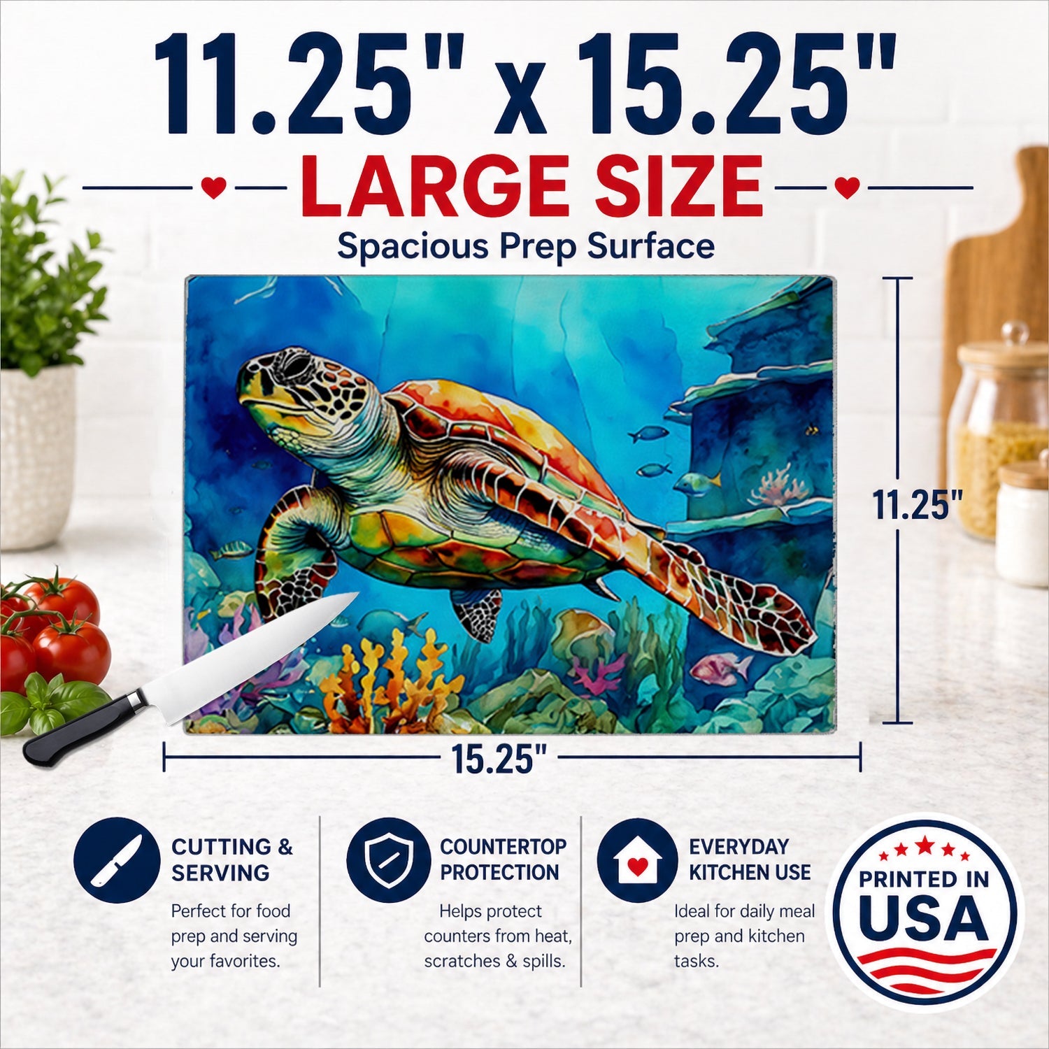 Loggerhead Sea Turtle Cutting Board Tempered Glass Kitchen Cutting Surface, Heat Resistant Chopping, Non-Slip Feet, Food Prep & Serving
