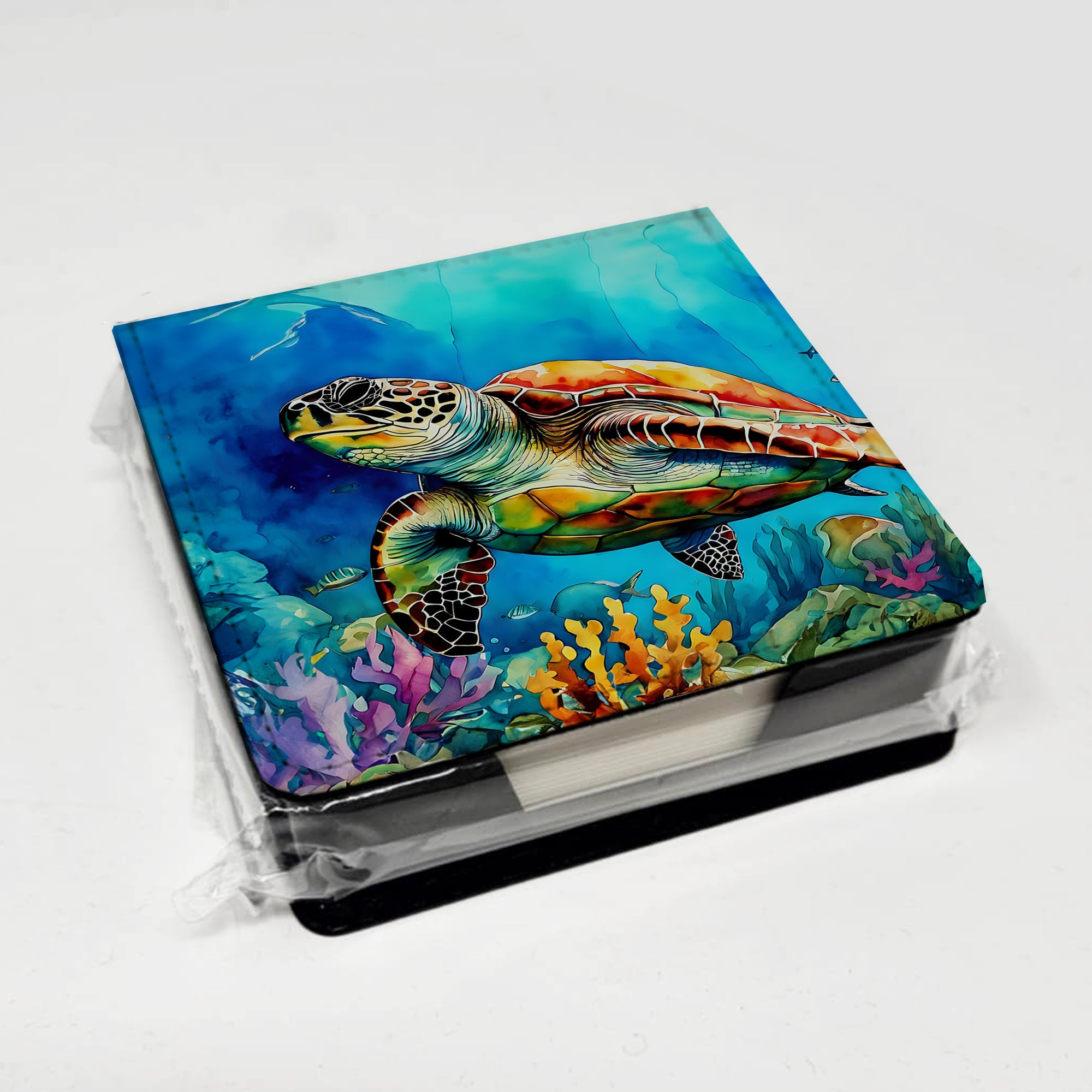 Loggerhead Sea Turtle PU Leather Note Paper Holder with Artist-Designed Cover, Desk Accessory, Office Gift