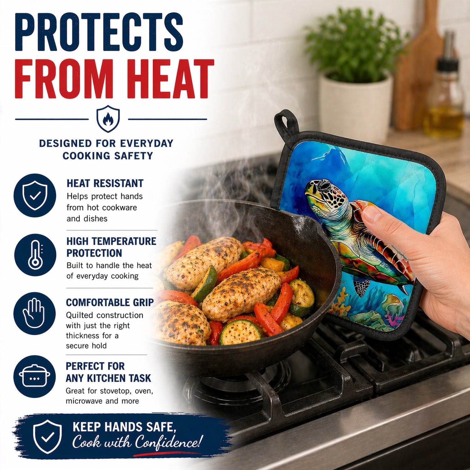 Loggerhead Sea Turtle Pot Holder Set of 2 Heat Resistant Quilted Hot Pads 7.5 x 7.5 Inch, Insulated Kitchen Trivets for Cooking & Baking