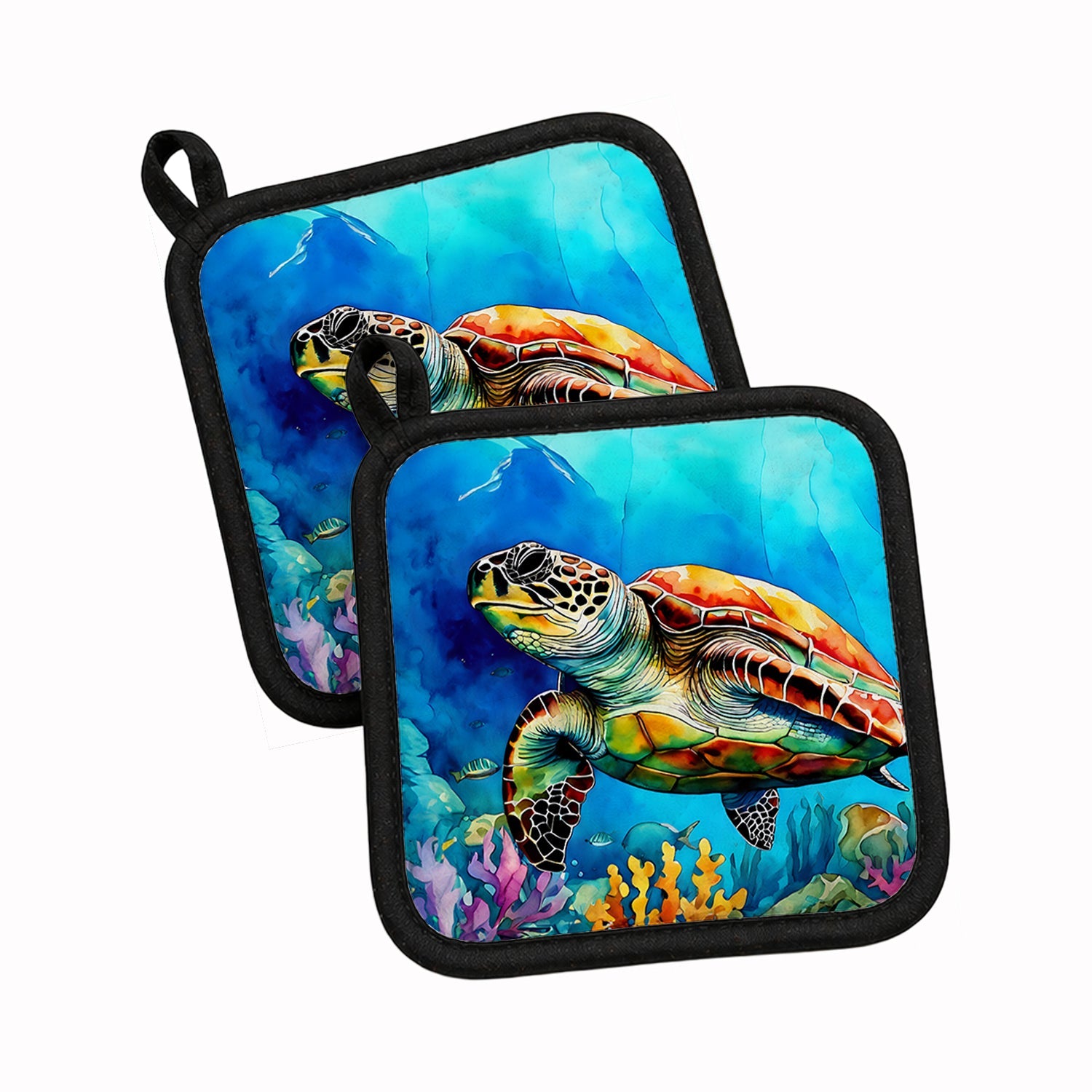 Loggerhead Sea Turtle Pot Holder Set of 2 Heat Resistant Quilted Hot Pads 7.5 x 7.5 Inch, Insulated Kitchen Trivets for Cooking & Baking
