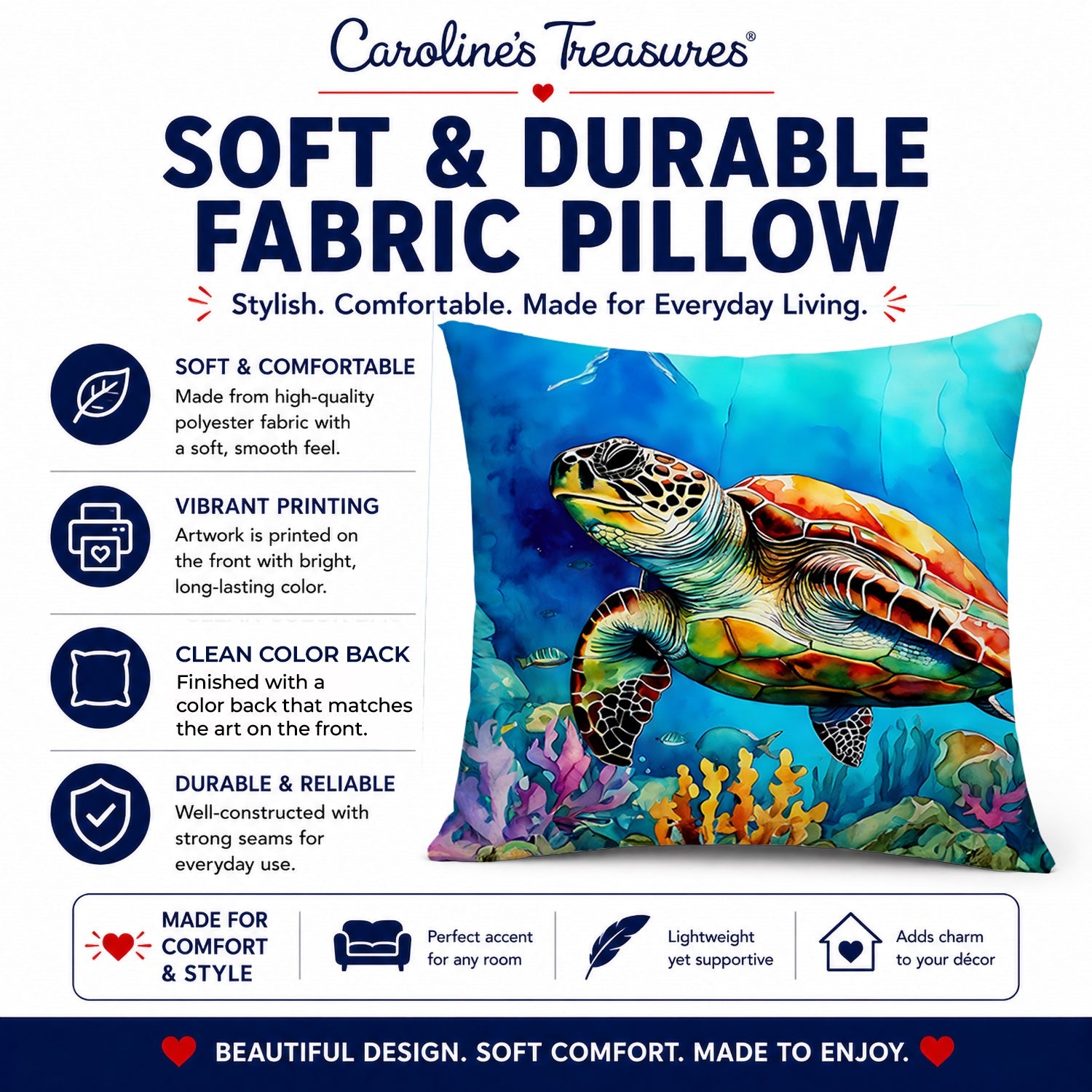 Loggerhead Sea Turtle Decorative Throw Pillow 14x14 Indoor Outdoor Accent Cushion, Fabric Cover with Insert for Sofa, Bed, Porch & Living Room