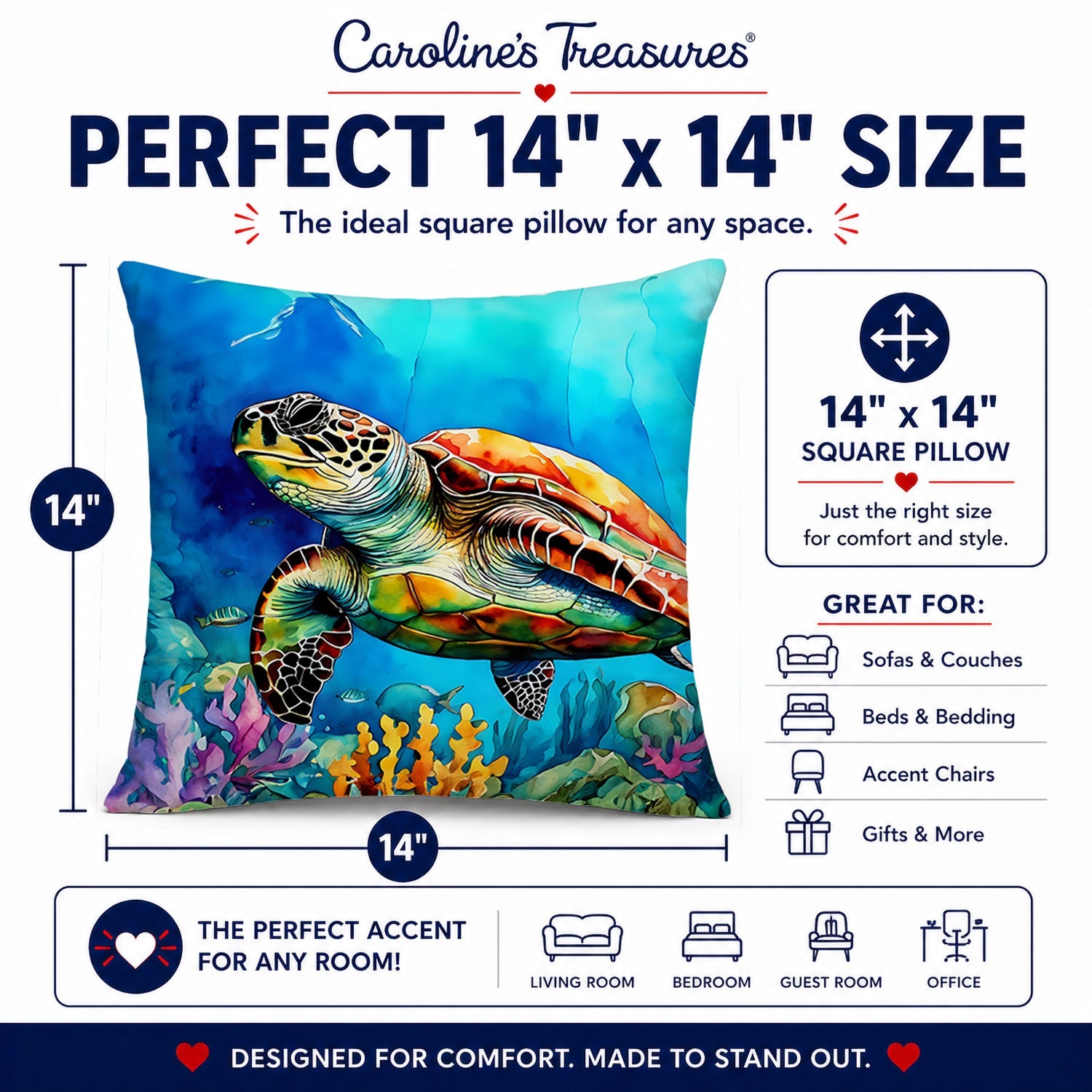 Loggerhead Sea Turtle Decorative Throw Pillow 14x14 Indoor Outdoor Accent Cushion, Fabric Cover with Insert for Sofa, Bed, Porch & Living Room