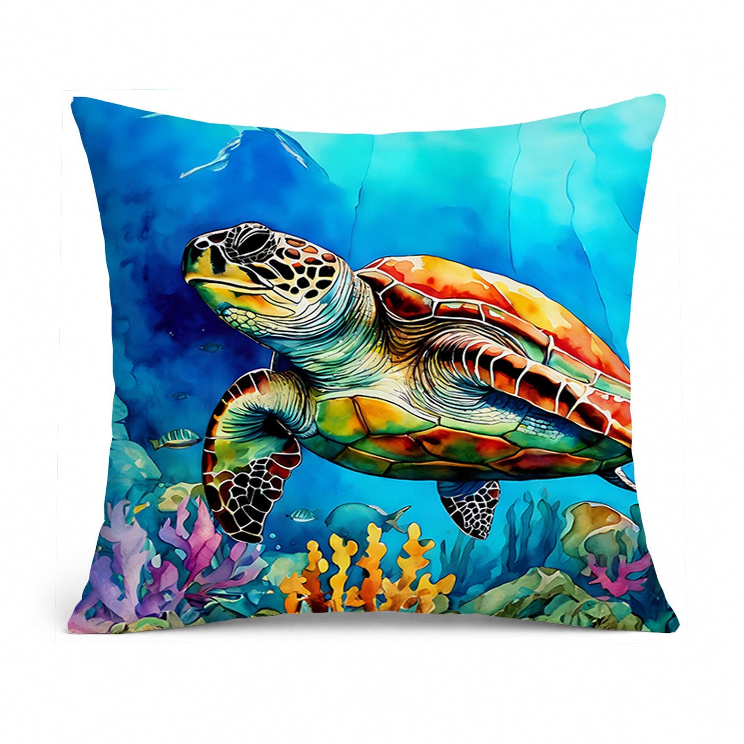 Loggerhead Sea Turtle Decorative Throw Pillow 14x14 Indoor Outdoor Accent Cushion, Fabric Cover with Insert for Sofa, Bed, Porch & Living Room