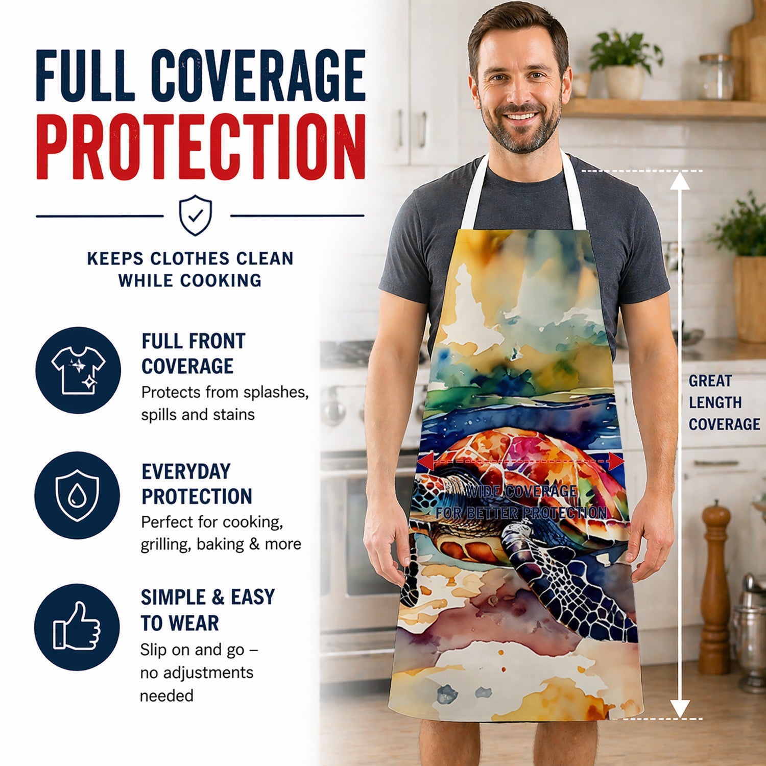 Loggerhead Sea Turtle Apron Cooking Kitchen Server Baking Crafts Gardening for Adult Women Men, Unisex, Large, Multicolor