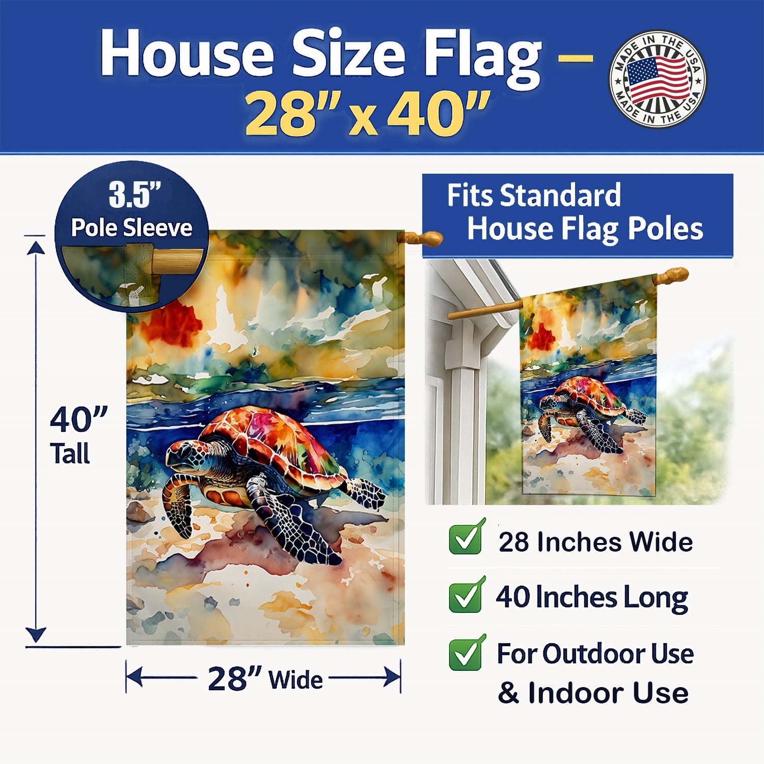Loggerhead Sea Turtle House Flag 28x40 Porch Sleeve Pole Decorative Outside Yard Banner Artwork Wall Hanging, Polyester
