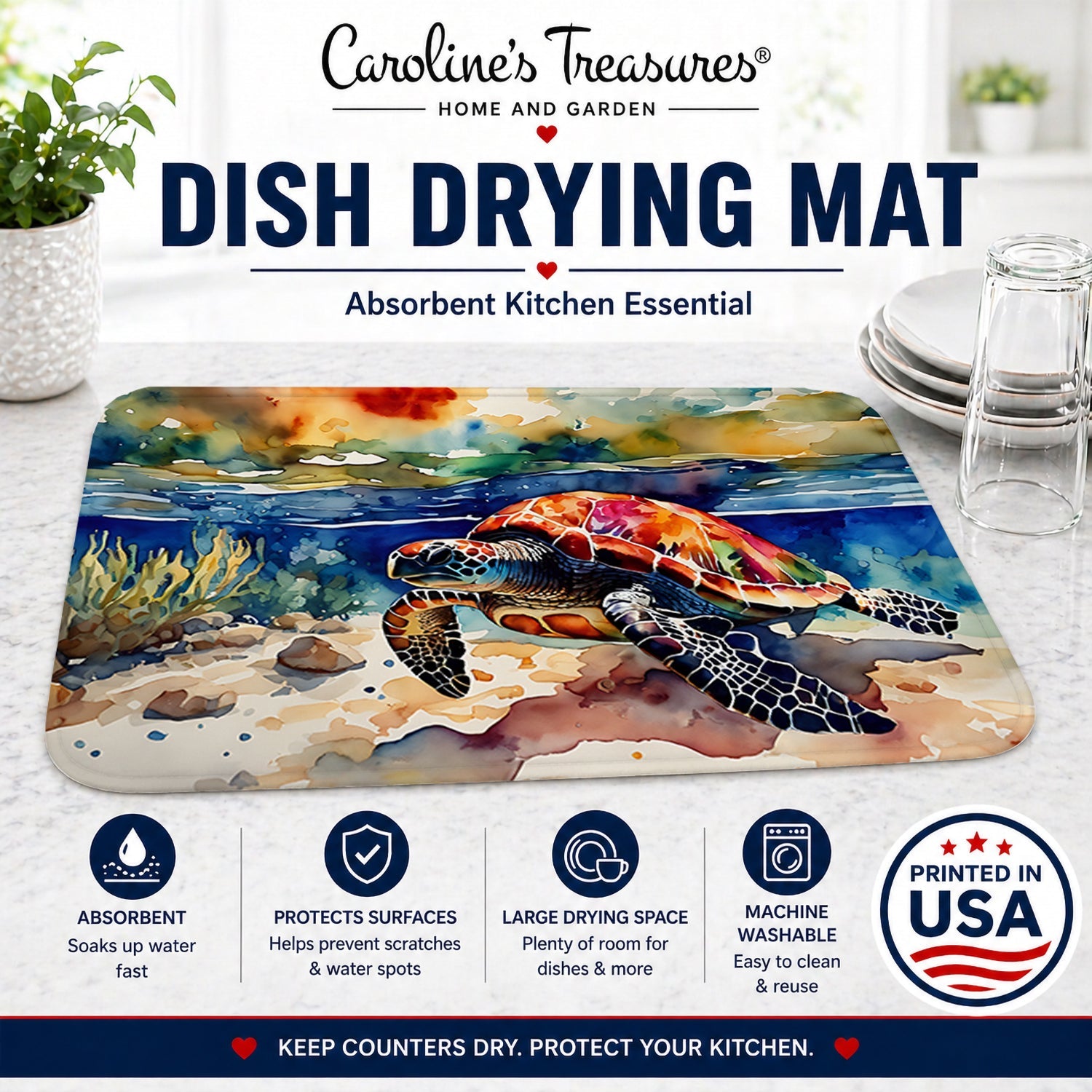 Loggerhead Sea Turtle Dish Drying Mat Absorbent Dish Drying Mat Pad for Kitchen Counter Dish Drainer Mat for Countertop, 14 x 21", Multicolor