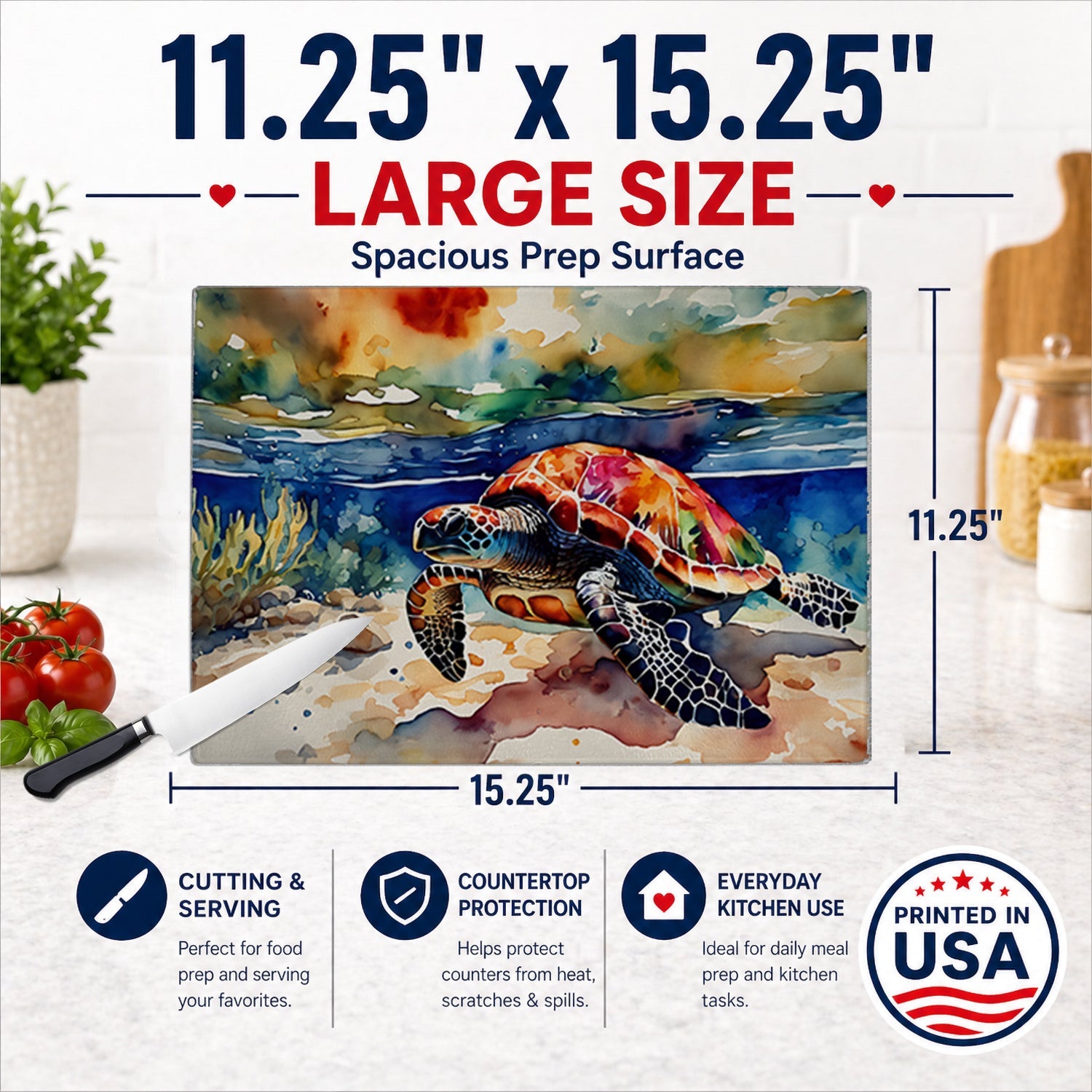 Loggerhead Sea Turtle Cutting Board Tempered Glass Kitchen Cutting Surface, Heat Resistant Chopping, Non-Slip Feet, Food Prep & Serving