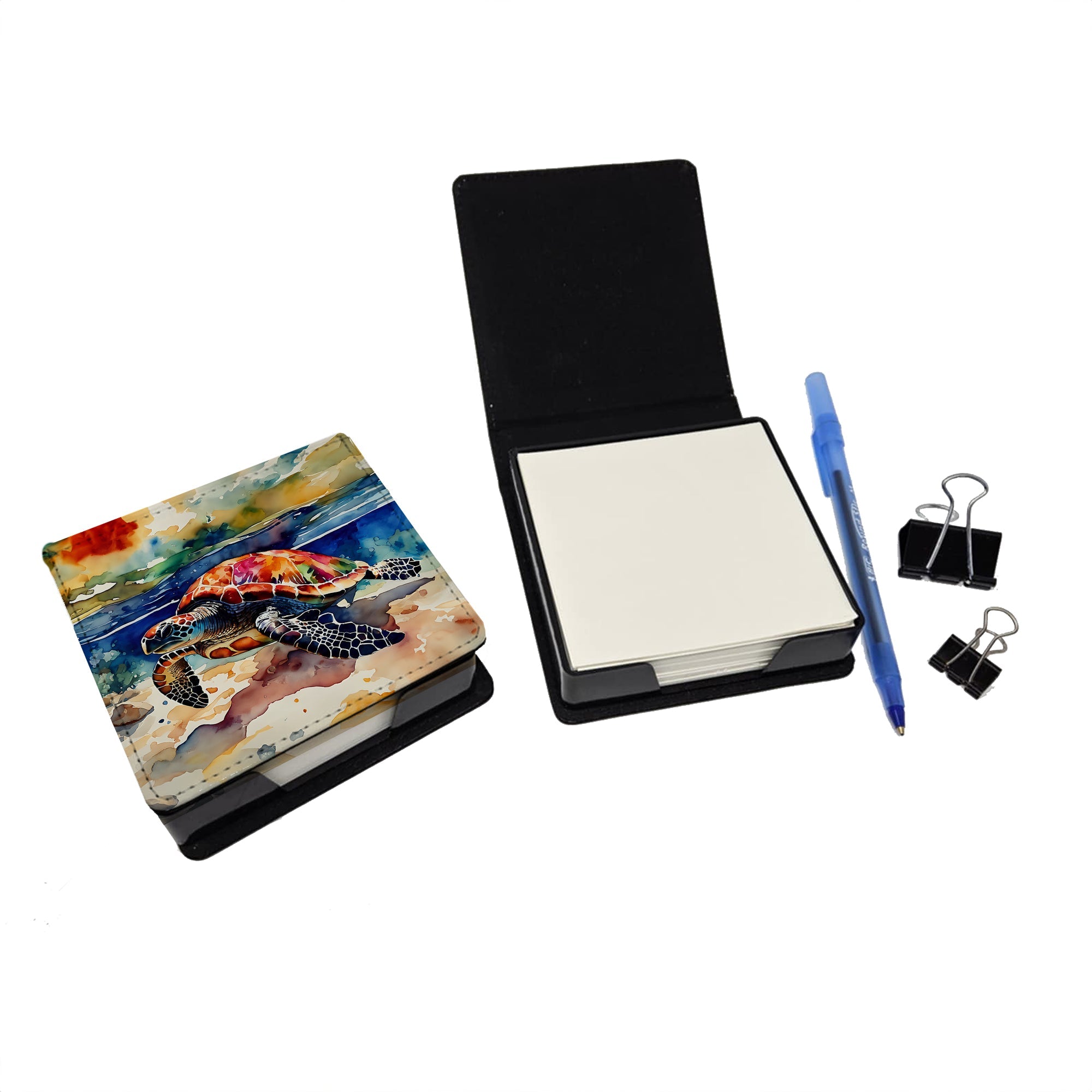Loggerhead Sea Turtle PU Leather Note Paper Holder with Artist-Designed Cover, Desk Accessory, Office Gift
