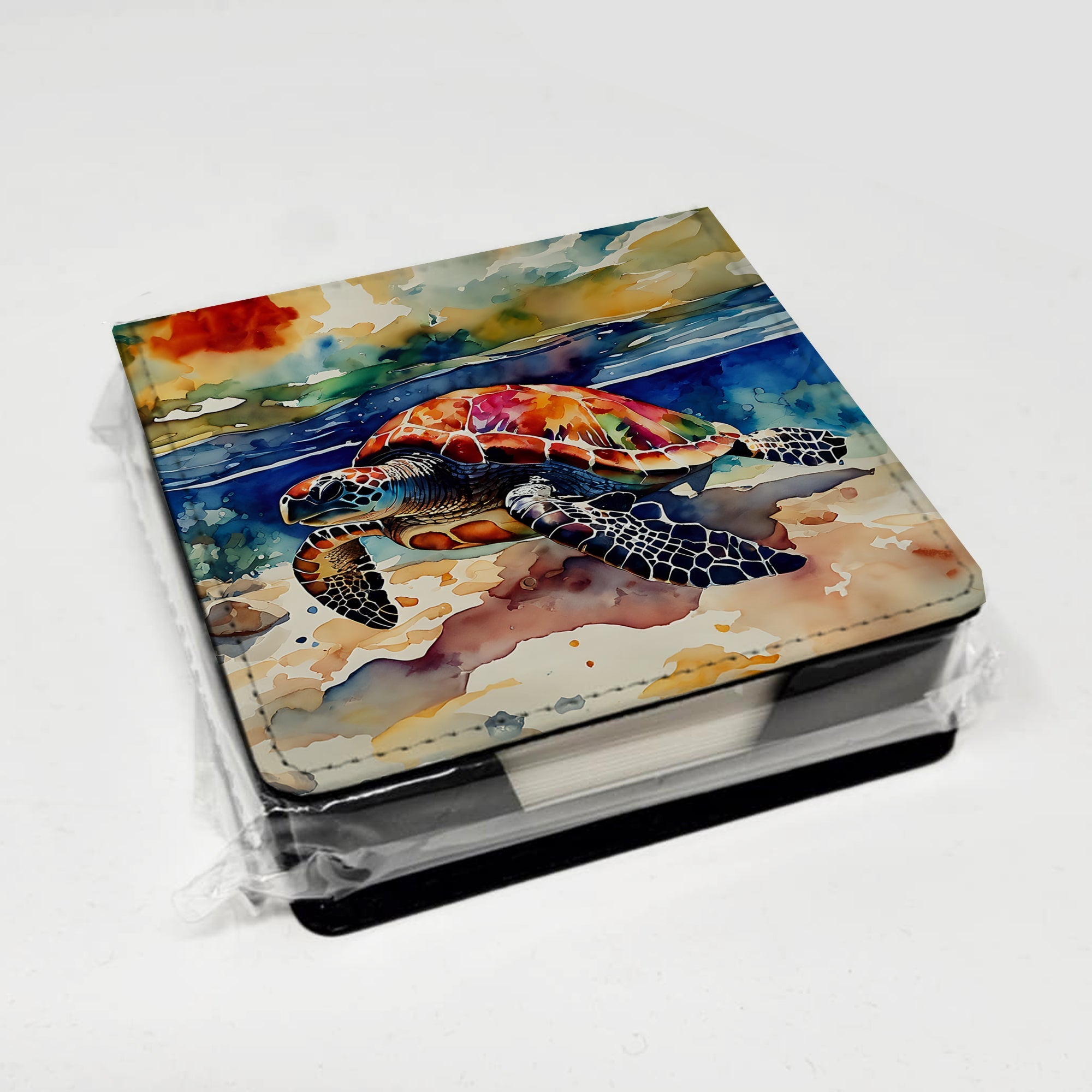 Loggerhead Sea Turtle PU Leather Note Paper Holder with Artist-Designed Cover, Desk Accessory, Office Gift