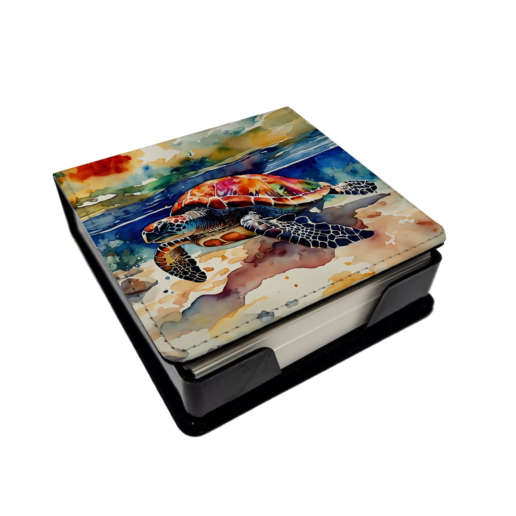 Loggerhead Sea Turtle PU Leather Note Paper Holder with Artist-Designed Cover, Desk Accessory, Office Gift