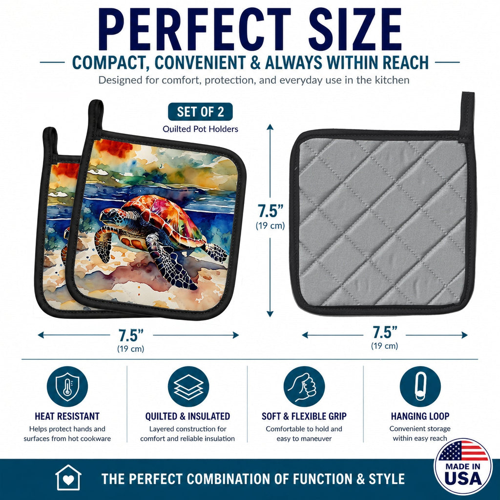 Loggerhead Sea Turtle Pot Holder Set of 2 Heat Resistant Quilted Hot Pads 7.5 x 7.5 Inch, Insulated Kitchen Trivets for Cooking & Baking