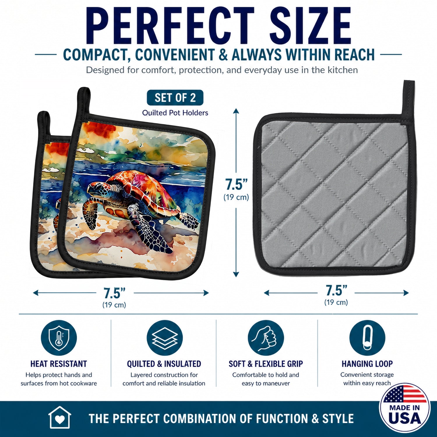 Loggerhead Sea Turtle Pot Holder Set of 2 Heat Resistant Quilted Hot Pads 7.5 x 7.5 Inch, Insulated Kitchen Trivets for Cooking & Baking
