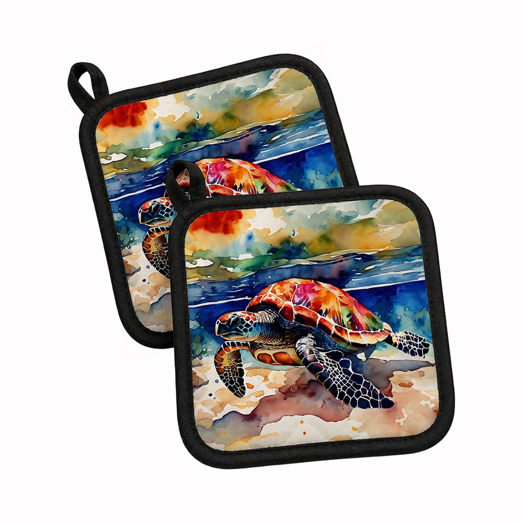 Loggerhead Sea Turtle Pot Holder Set of 2 Heat Resistant Quilted Hot Pads 7.5 x 7.5 Inch, Insulated Kitchen Trivets for Cooking & Baking