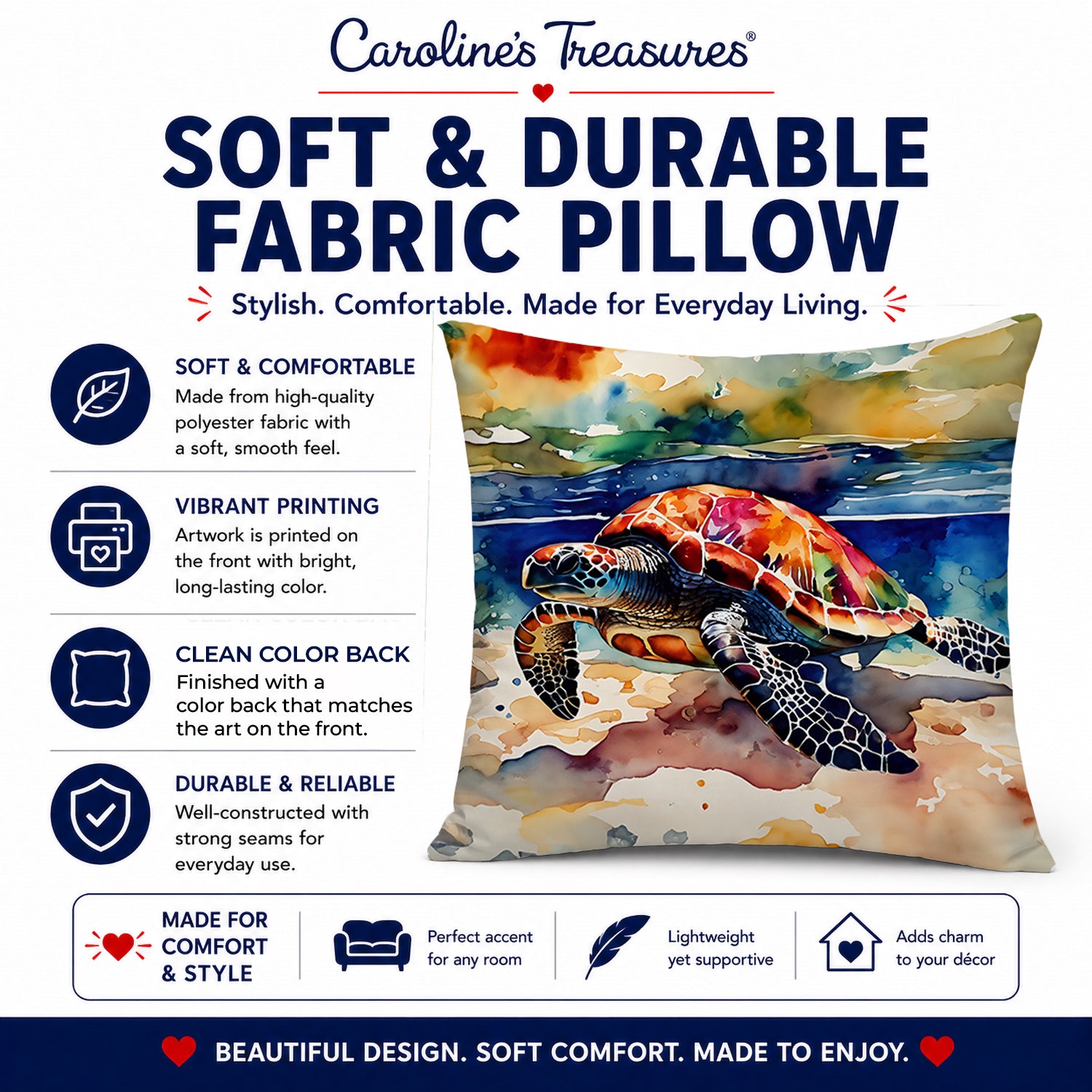 Loggerhead Sea Turtle Decorative Throw Pillow 14x14 Indoor Outdoor Accent Cushion, Fabric Cover with Insert for Sofa, Bed, Porch & Living Room