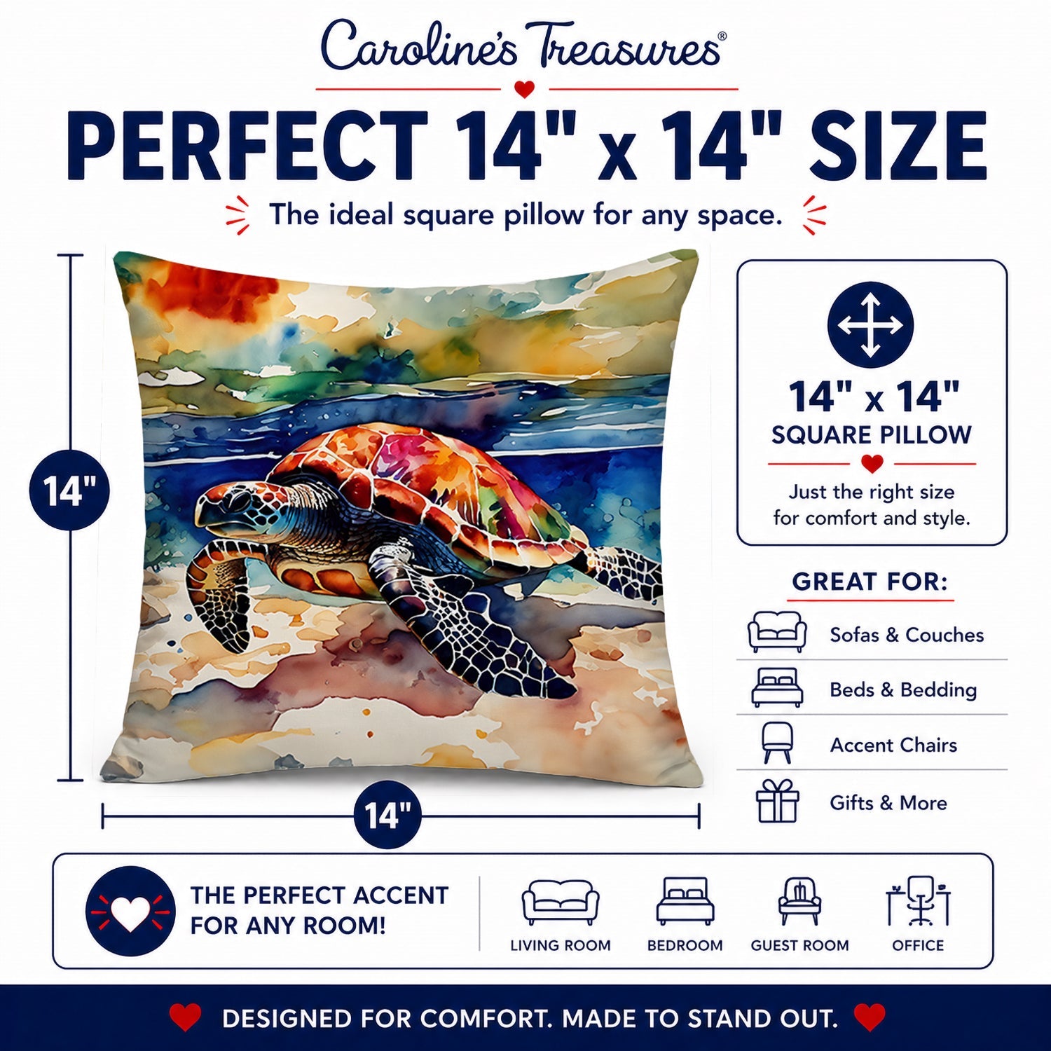 Loggerhead Sea Turtle Decorative Throw Pillow 14x14 Indoor Outdoor Accent Cushion, Fabric Cover with Insert for Sofa, Bed, Porch & Living Room