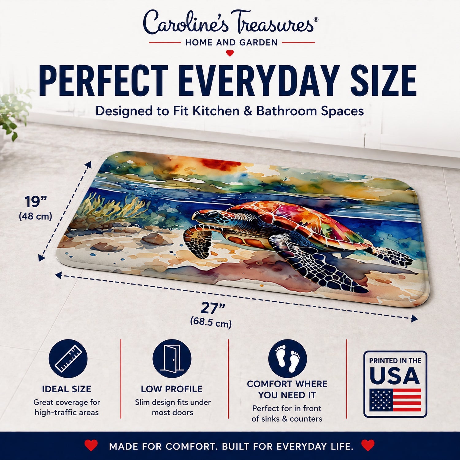 Loggerhead Sea Turtle Memory Foam Kitchen Mat Machine Washable Anti-Fatigue Cushion Comfort Bath or Kitchen Rug