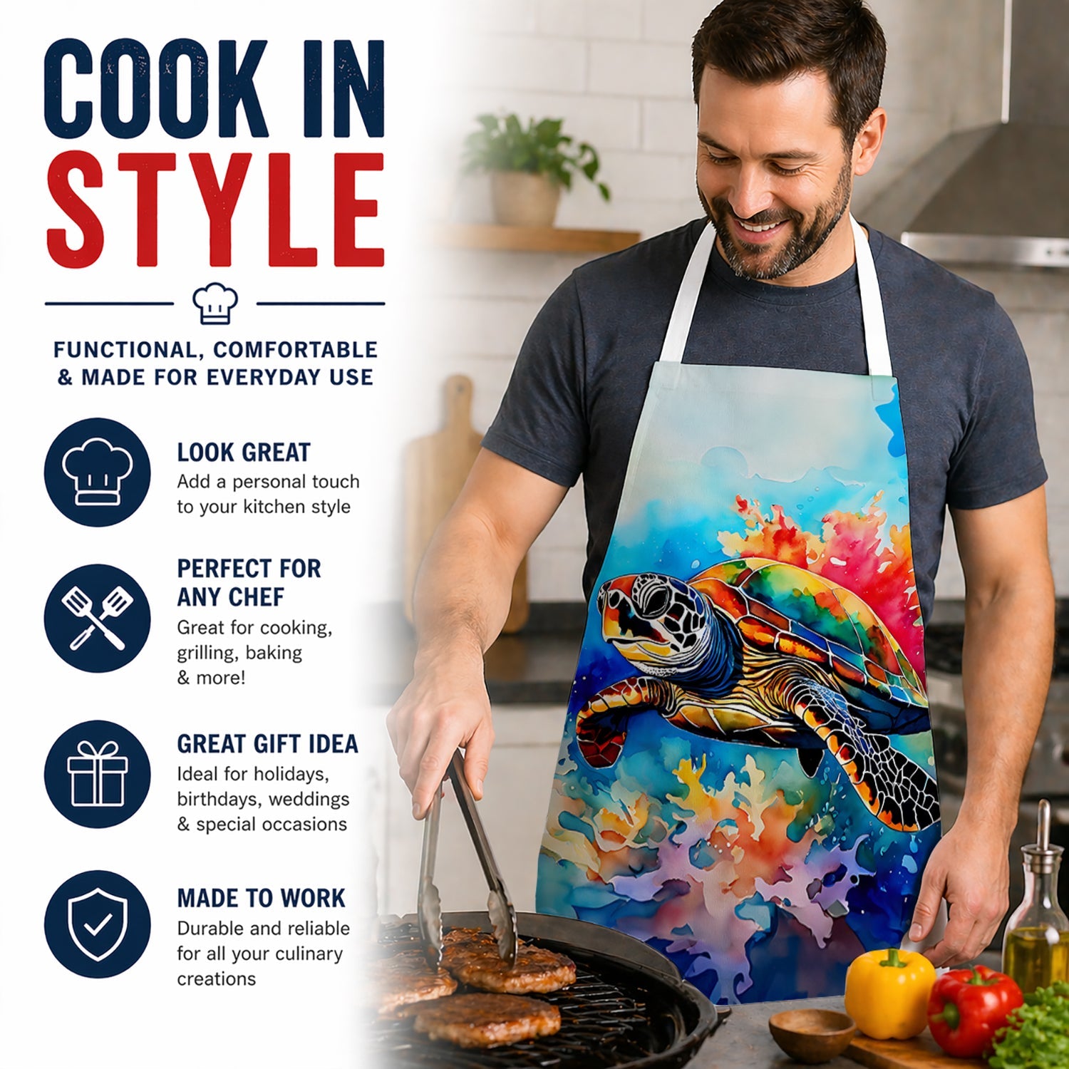Loggerhead Sea Turtle Apron Cooking Kitchen Server Baking Crafts Gardening for Adult Women Men, Unisex, Large, Multicolor