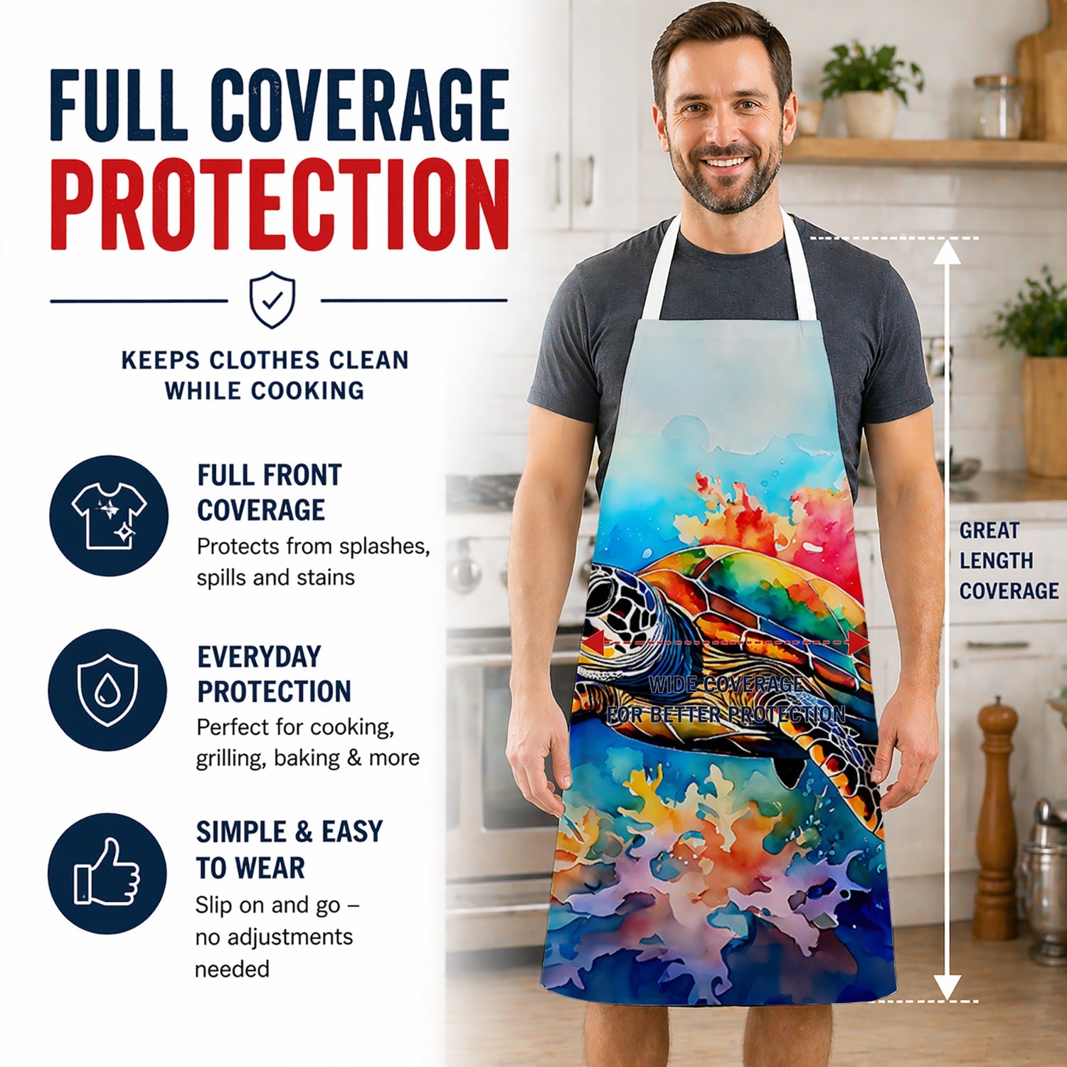 Loggerhead Sea Turtle Apron Cooking Kitchen Server Baking Crafts Gardening for Adult Women Men, Unisex, Large, Multicolor