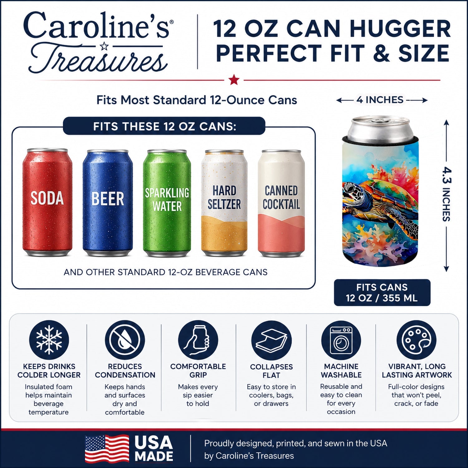 Loggerhead Sea Turtle Can or Bottle Hugger Cooler Sleeve for Standard 12 oz Cans, Insulated Foam Beer & Soda Can Hugger Reusable