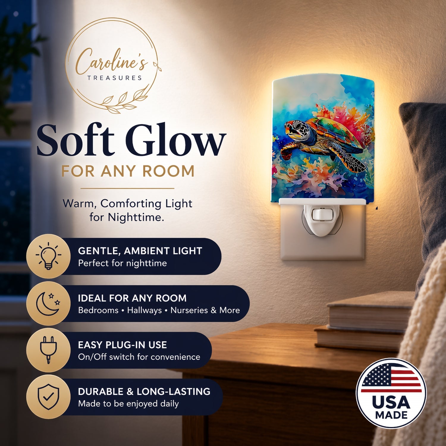 Loggerhead Sea Turtle Ceramic Night Light Compact, UL-Certified, Ideal for Bedroom, Bathroom, Nursery, Hallway, Kitchen, 6x4x3, Multicolor