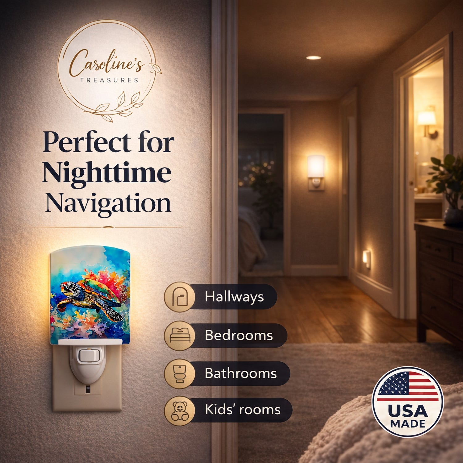 Loggerhead Sea Turtle Ceramic Night Light Compact, UL-Certified, Ideal for Bedroom, Bathroom, Nursery, Hallway, Kitchen, 6x4x3, Multicolor