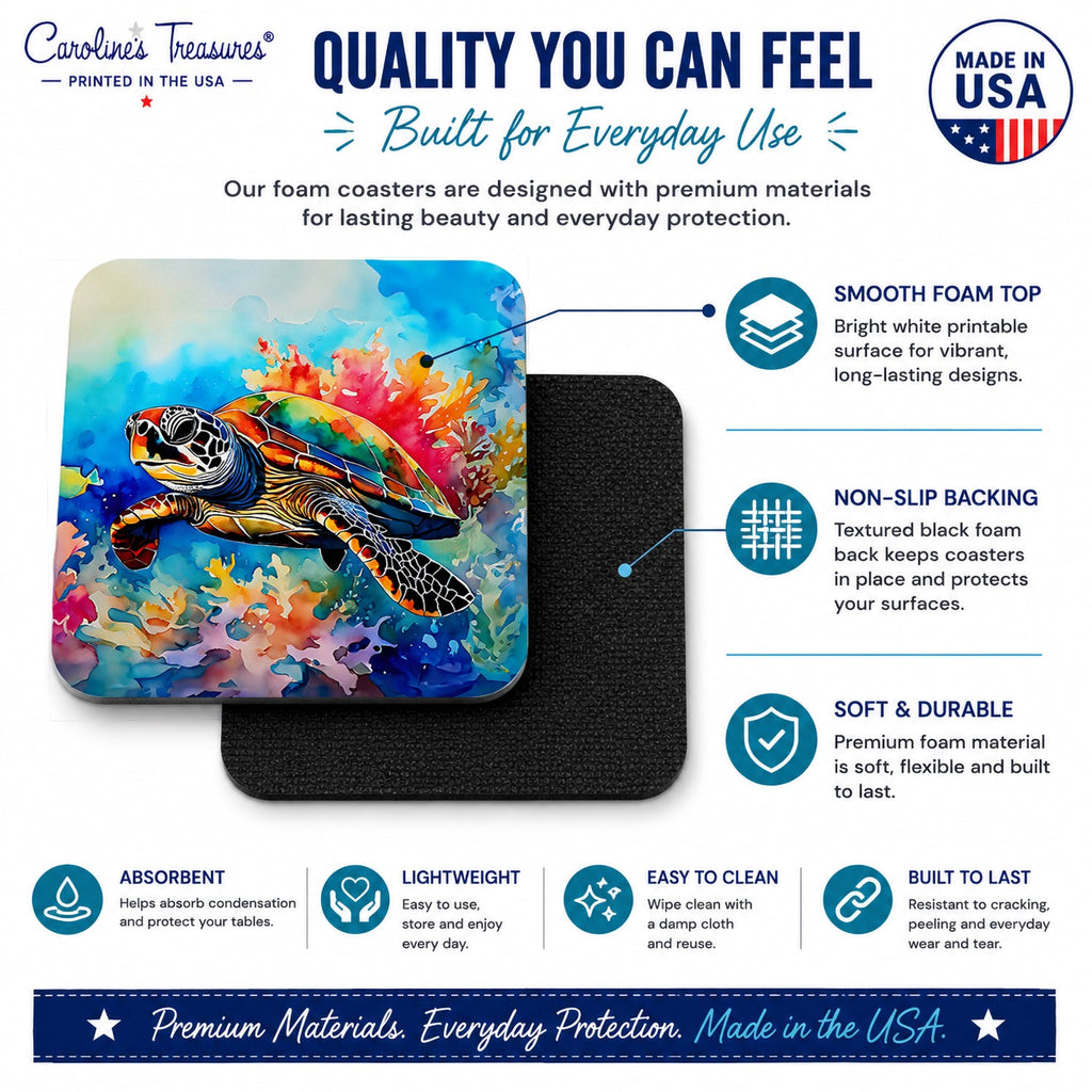 Loggerhead Sea Turtle Foam Coasters Set of 4 Cup Coasters for Indoor Outdoor, Tabletop Protection, Anti Slip, Mouse pad Material