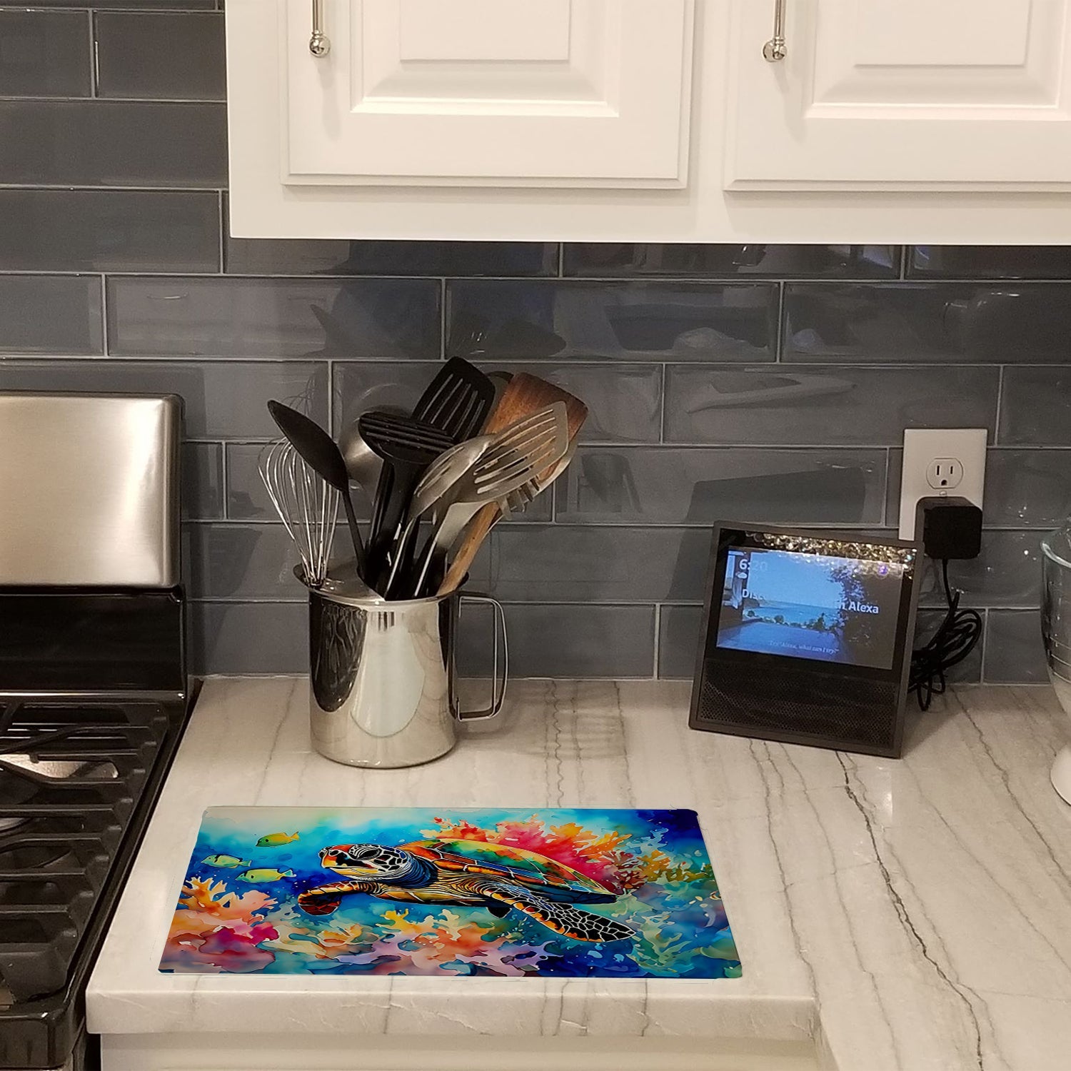 Loggerhead Sea Turtle Cutting Board Tempered Glass Kitchen Cutting Surface, Heat Resistant Chopping, Non-Slip Feet, Food Prep & Serving