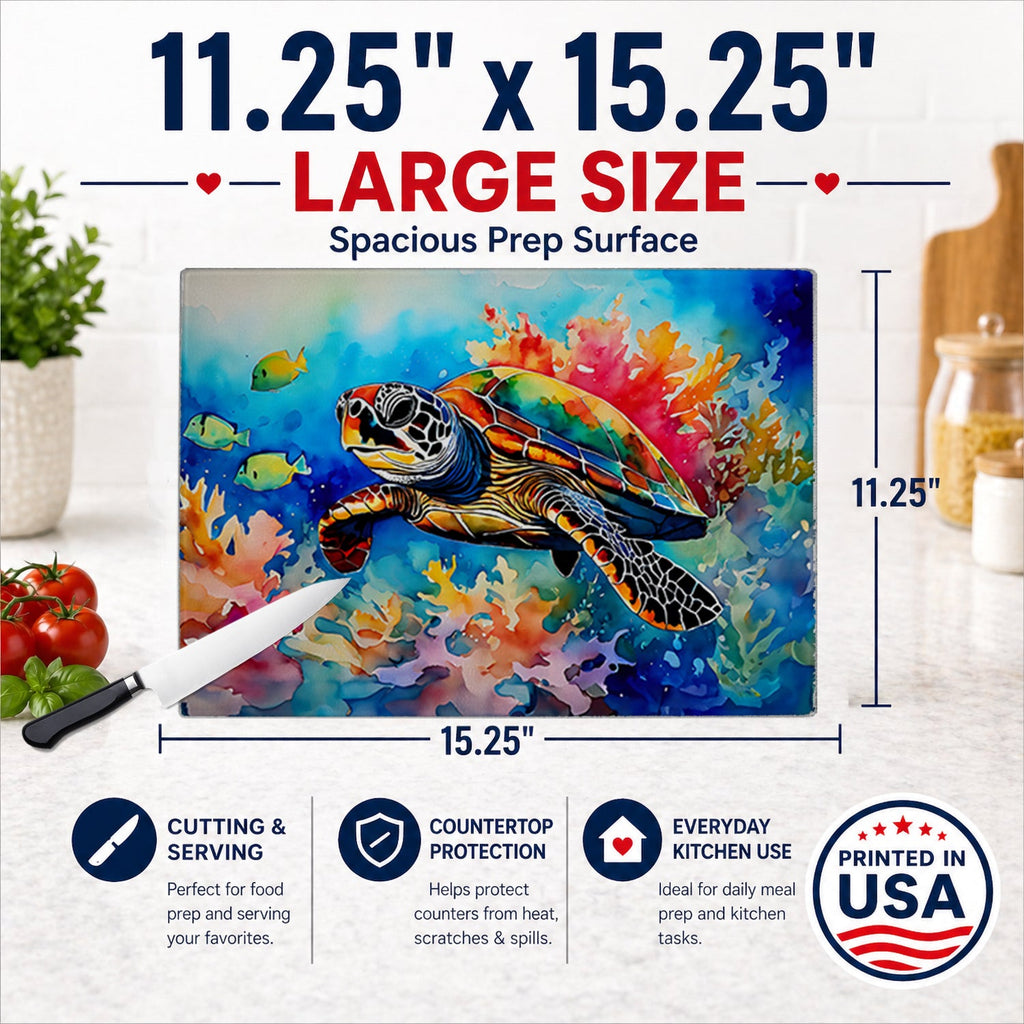 Loggerhead Sea Turtle Cutting Board Tempered Glass Kitchen Cutting Surface, Heat Resistant Chopping, Non-Slip Feet, Food Prep & Serving