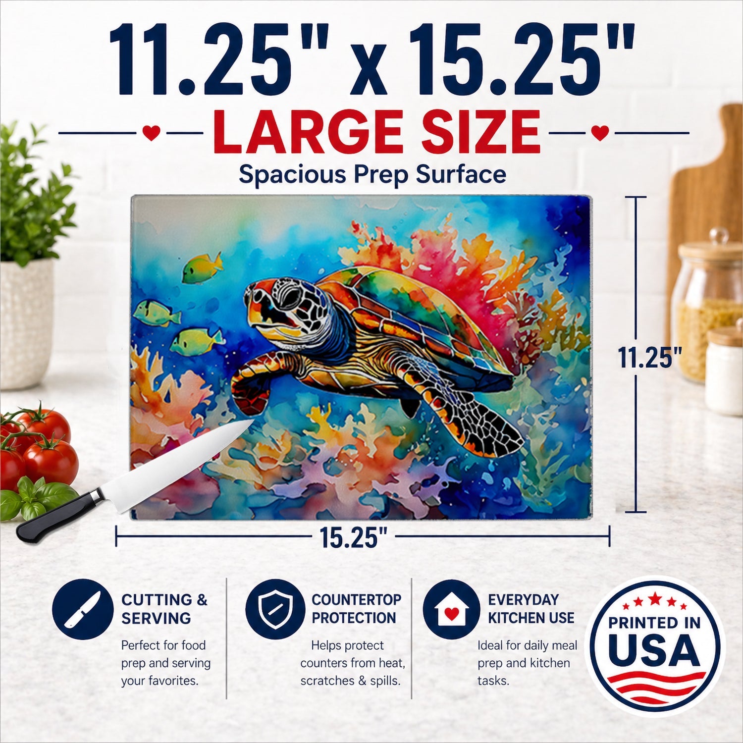 Loggerhead Sea Turtle Cutting Board Tempered Glass Kitchen Cutting Surface, Heat Resistant Chopping, Non-Slip Feet, Food Prep & Serving